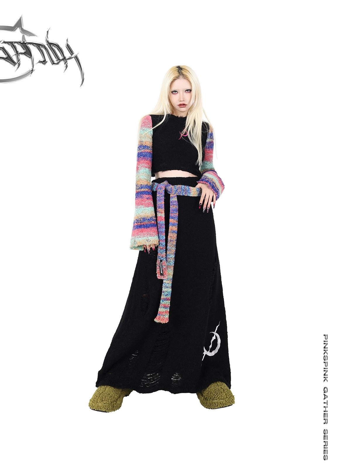 PINKSPINK Gradient Scarf Spliced Patch Sleeve Cropped Women's Alpaca Knit Sweaters