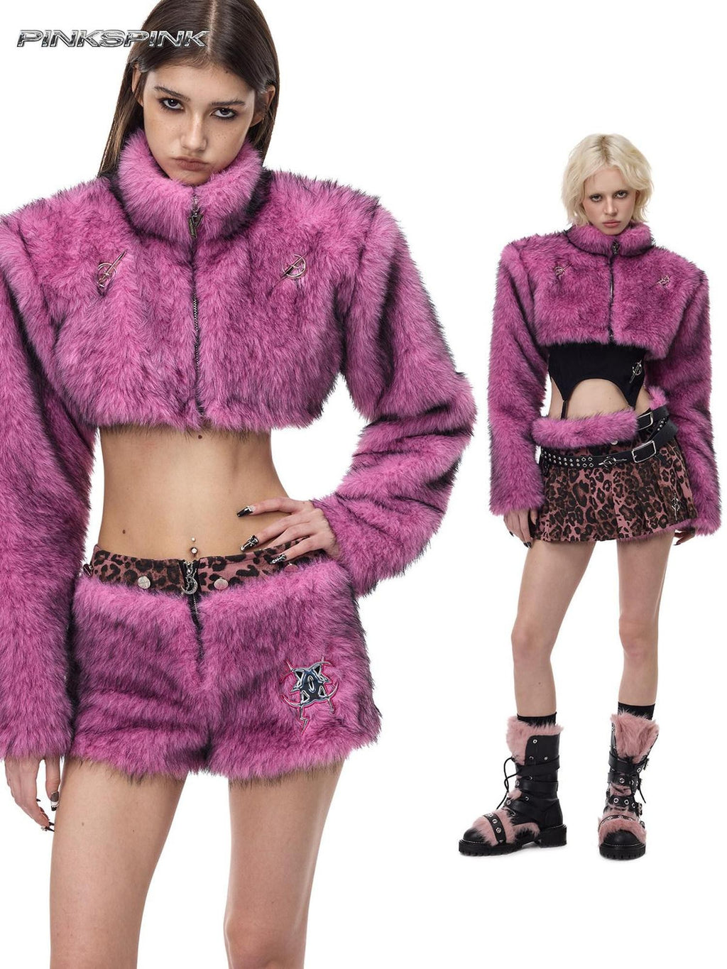 PINKSPINK Gradient Ultra Short Structured High Neck Women's Faux Fur Cropped Jackets