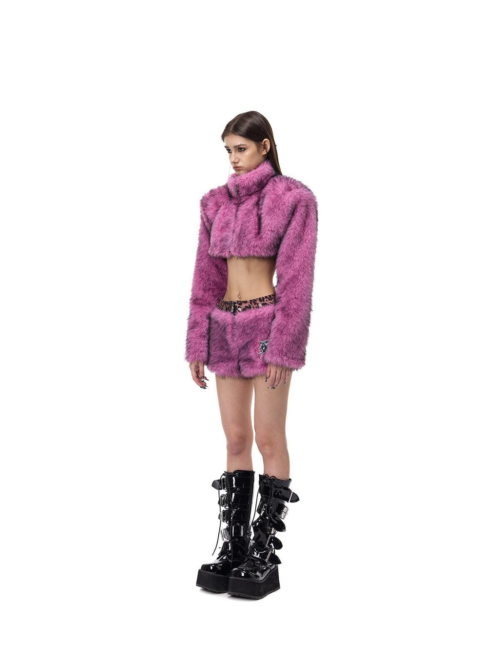 PINKSPINK Gradient Ultra Short Structured High Neck Women's Faux Fur Cropped Jackets
