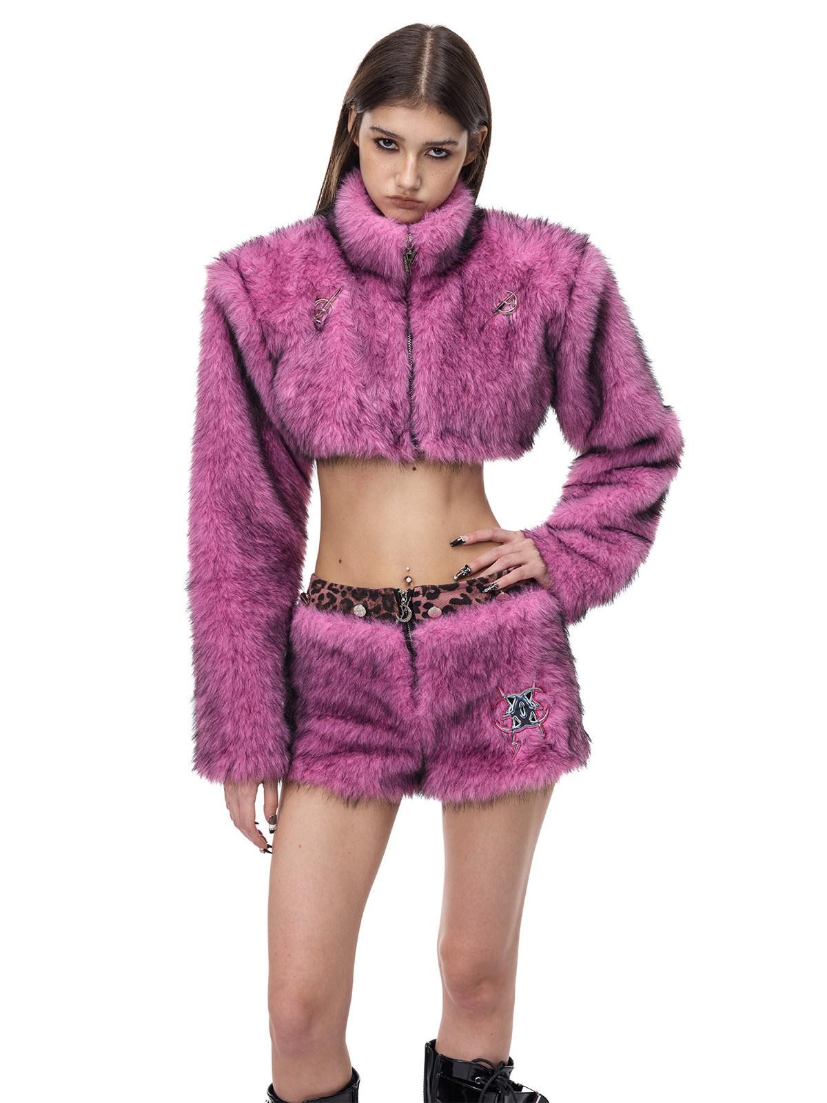 PINKSPINK Gradient Ultra Short Structured High Neck Women's Faux Fur Cropped Jackets