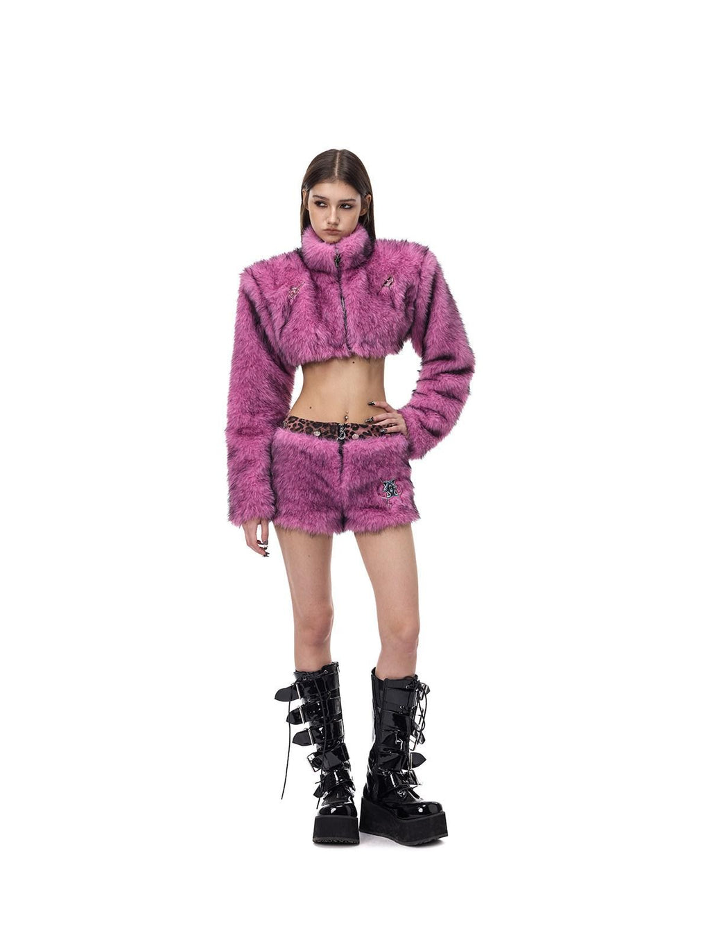 PINKSPINK Gradient Ultra Short Structured High Neck Women's Faux Fur Cropped Jackets