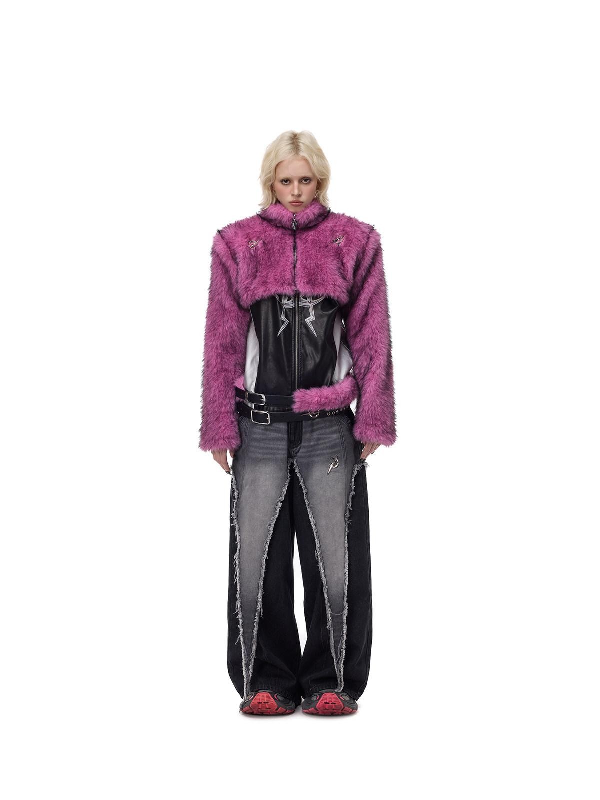 PINKSPINK Gradient Ultra Short Structured High Neck Women's Faux Fur Cropped Jackets