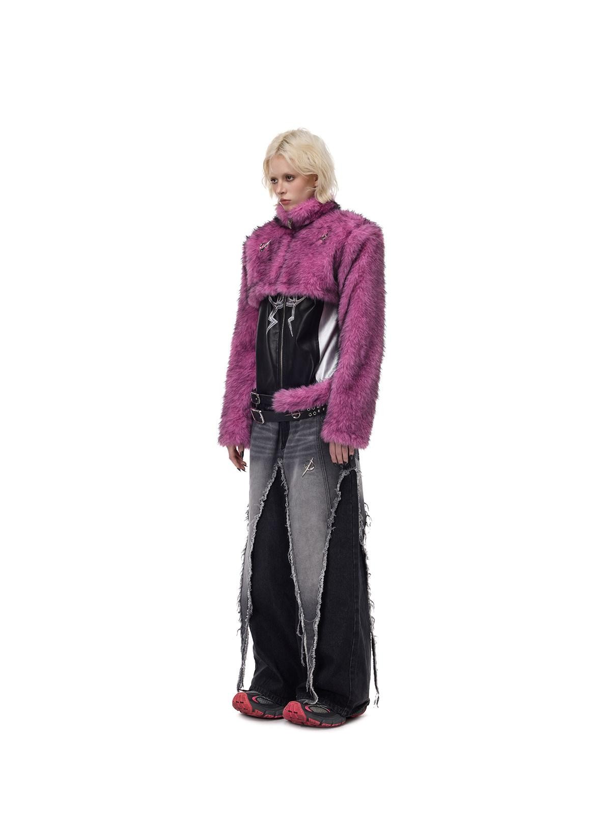 PINKSPINK Gradient Ultra Short Structured High Neck Women's Faux Fur Cropped Jackets