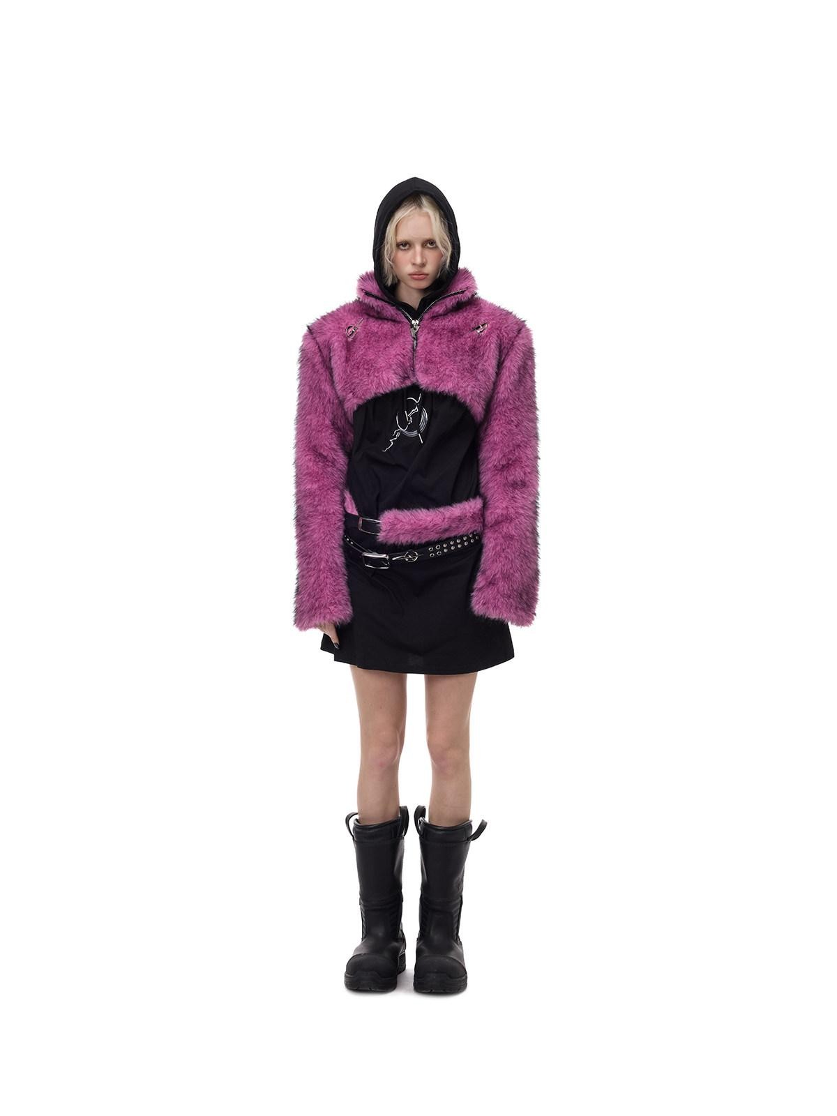 PINKSPINK Gradient Ultra Short Structured High Neck Women's Faux Fur Cropped Jackets