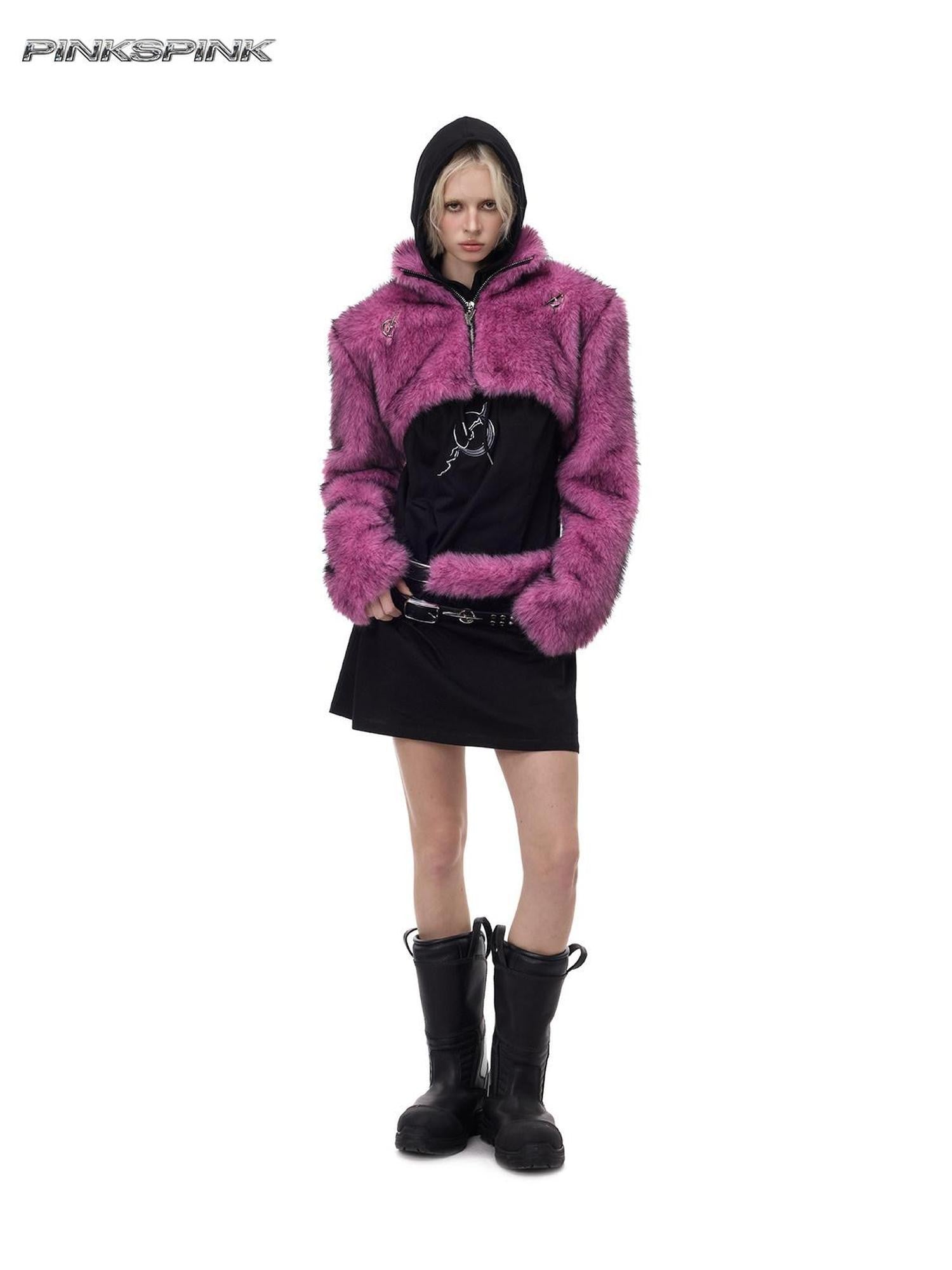 PINKSPINK Gradient Ultra Short Structured High Neck Women's Faux Fur Cropped Jackets