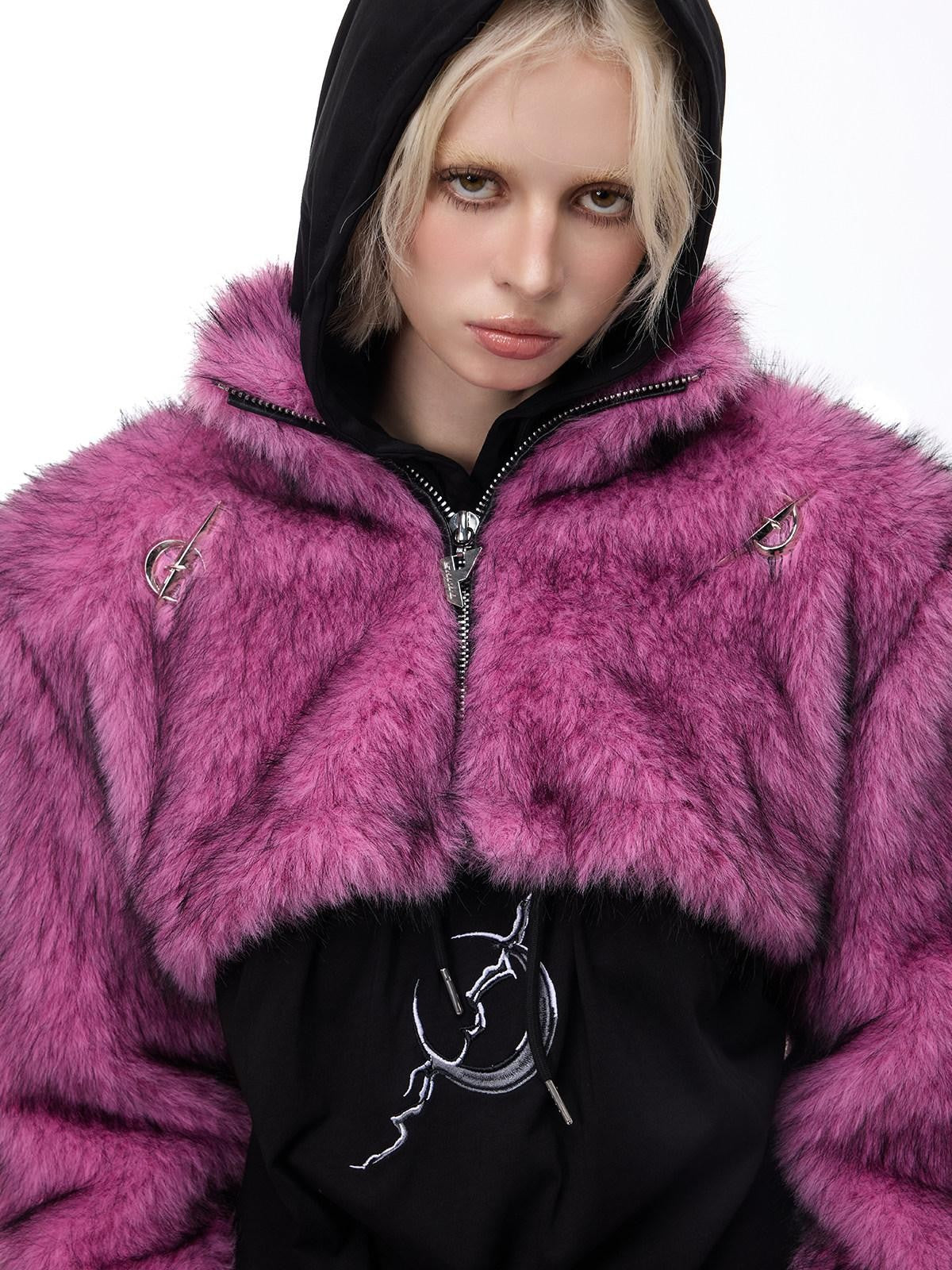 PINKSPINK Gradient Ultra Short Structured High Neck Women's Faux Fur Cropped Jackets