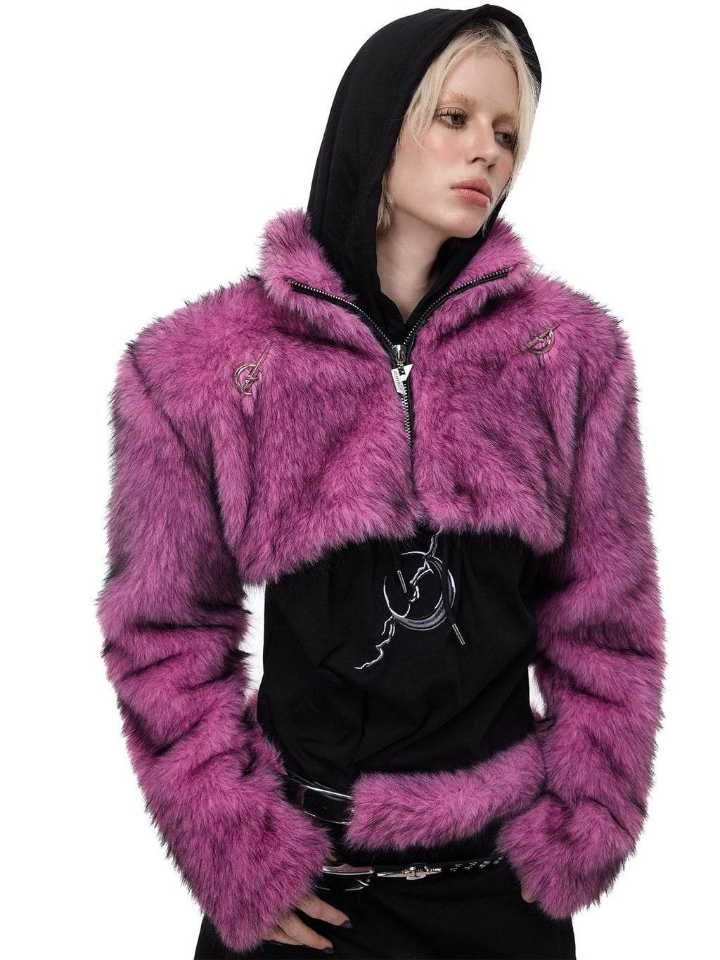PINKSPINK Gradient Ultra Short Structured High Neck Women's Faux Fur Cropped Jackets