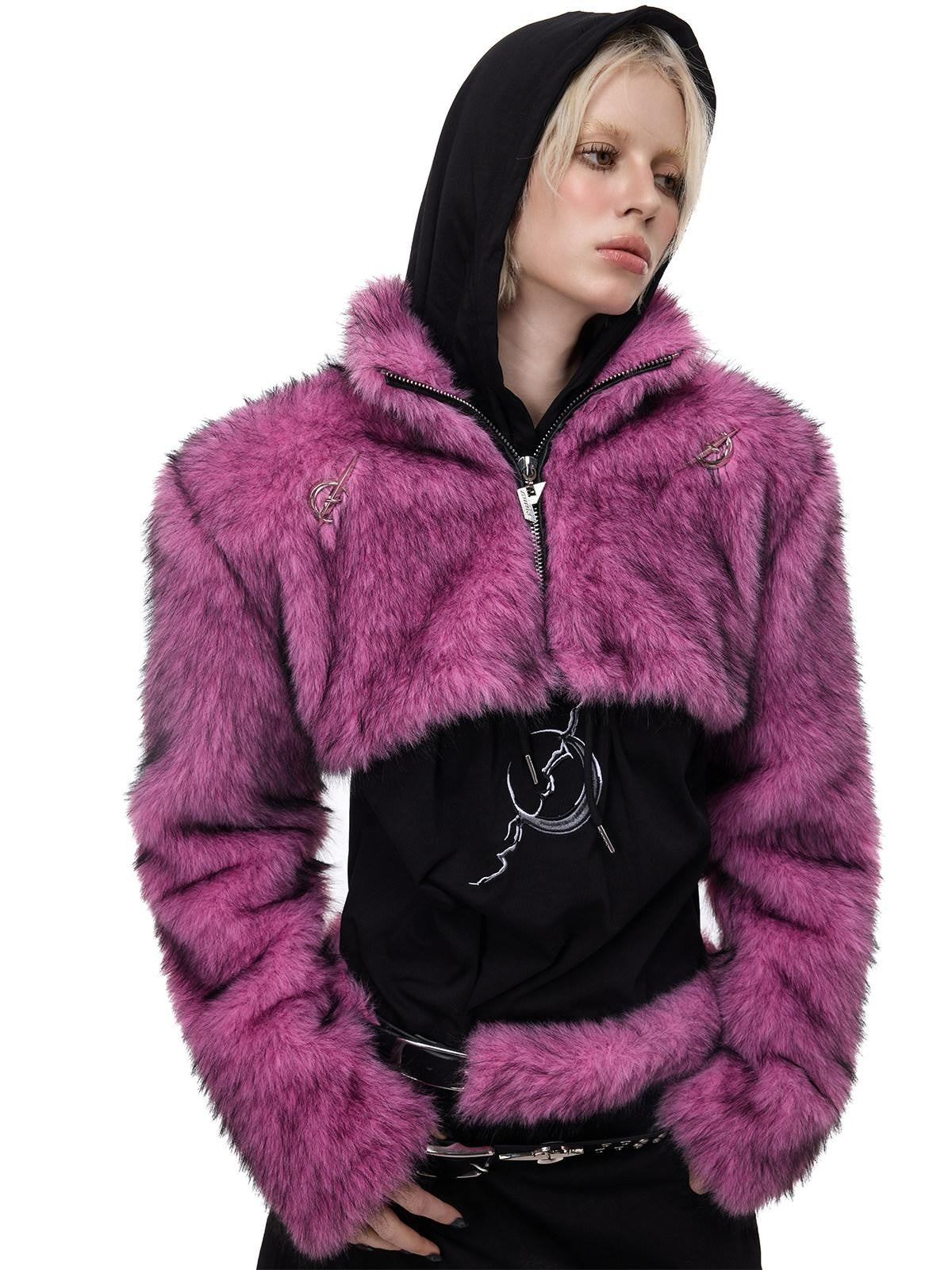 PINKSPINK Gradient Ultra Short Structured High Neck Women's Faux Fur Cropped Jackets