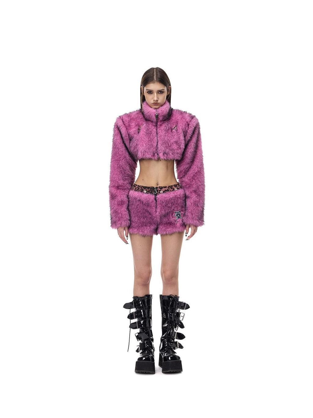PINKSPINK Gradient Ultra Short Structured High Neck Women's Faux Fur Cropped Jackets