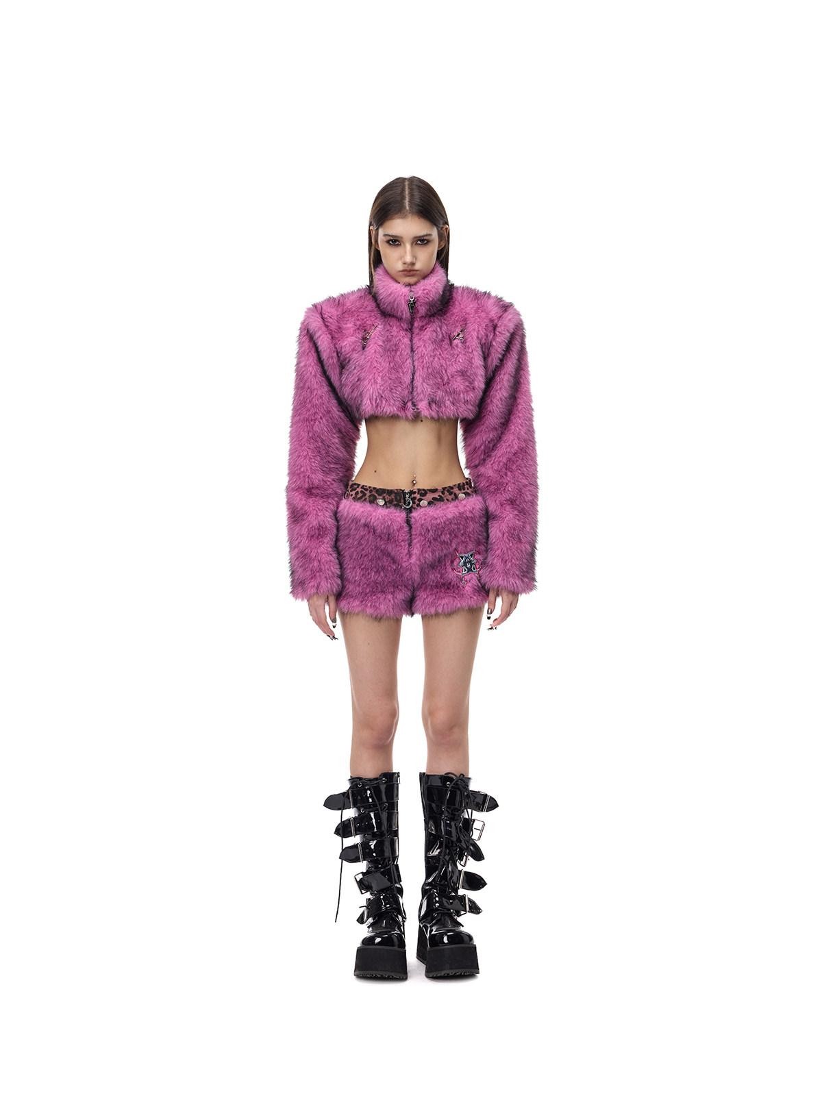 PINKSPINK Gradient Ultra Short Structured High Neck Women's Faux Fur Cropped Jackets