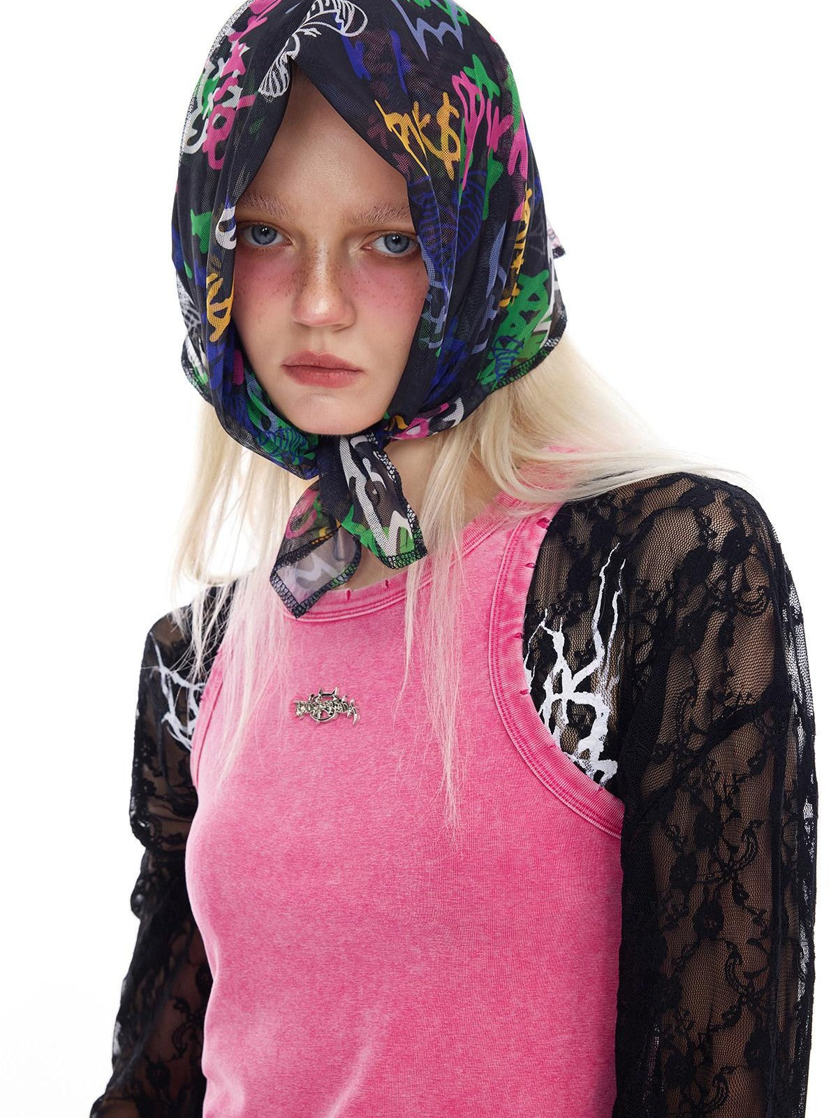 PINKSPINK Graffiti Butterfly Cat Digital Print Mesh Scarf Women's Polyester Headdresses