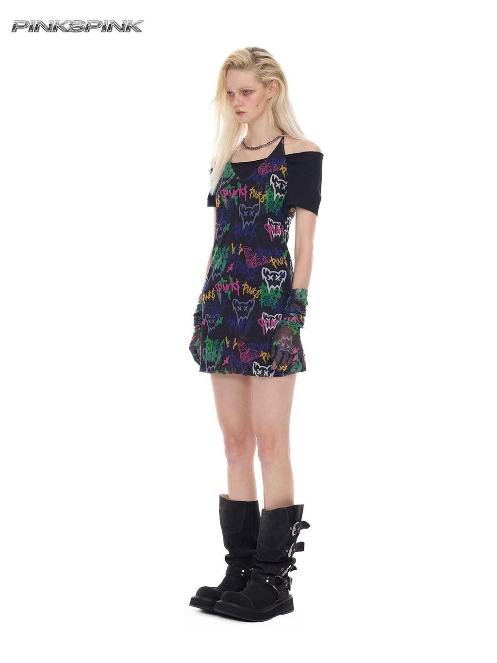 PINKSPINK Graffiti Chain Slim Aline Women's Polyester Halter Mini Dresses