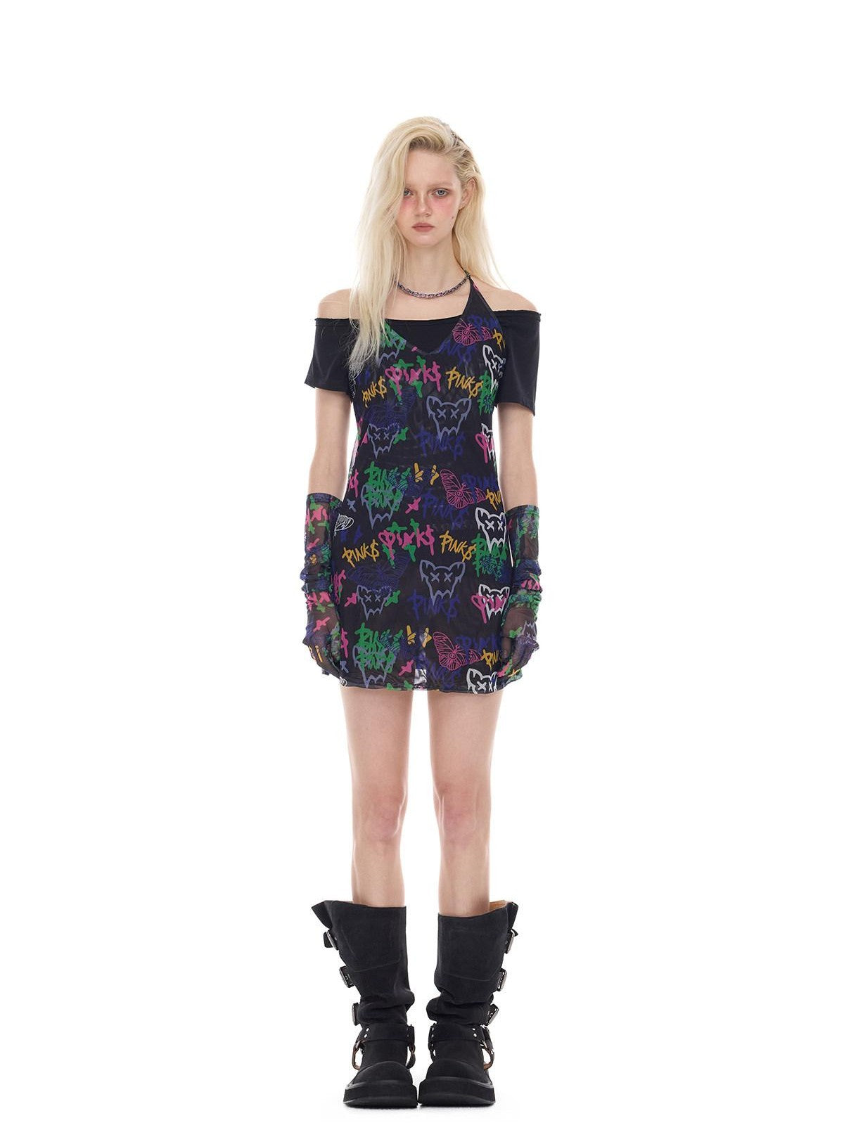 PINKSPINK Graffiti Chain Slim Aline Women's Polyester Halter Mini Dresses