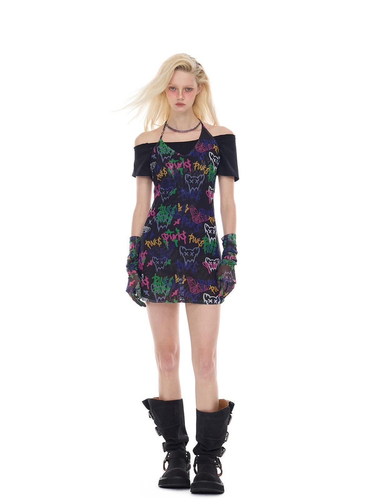 PINKSPINK Graffiti Chain Slim Aline Women's Polyester Halter Mini Dresses