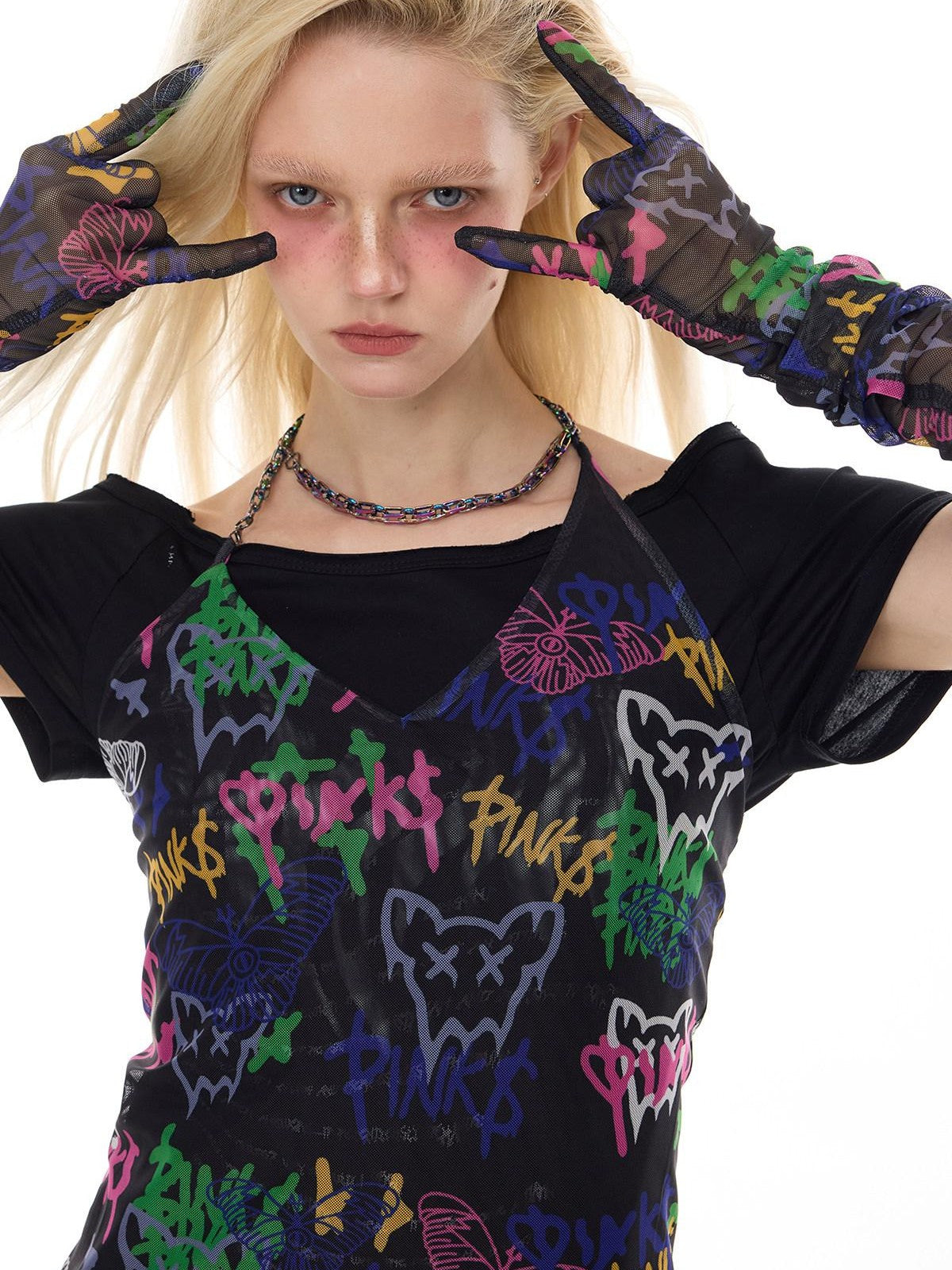 PINKSPINK Graffiti Chain Slim Aline Women's Polyester Halter Mini Dresses
