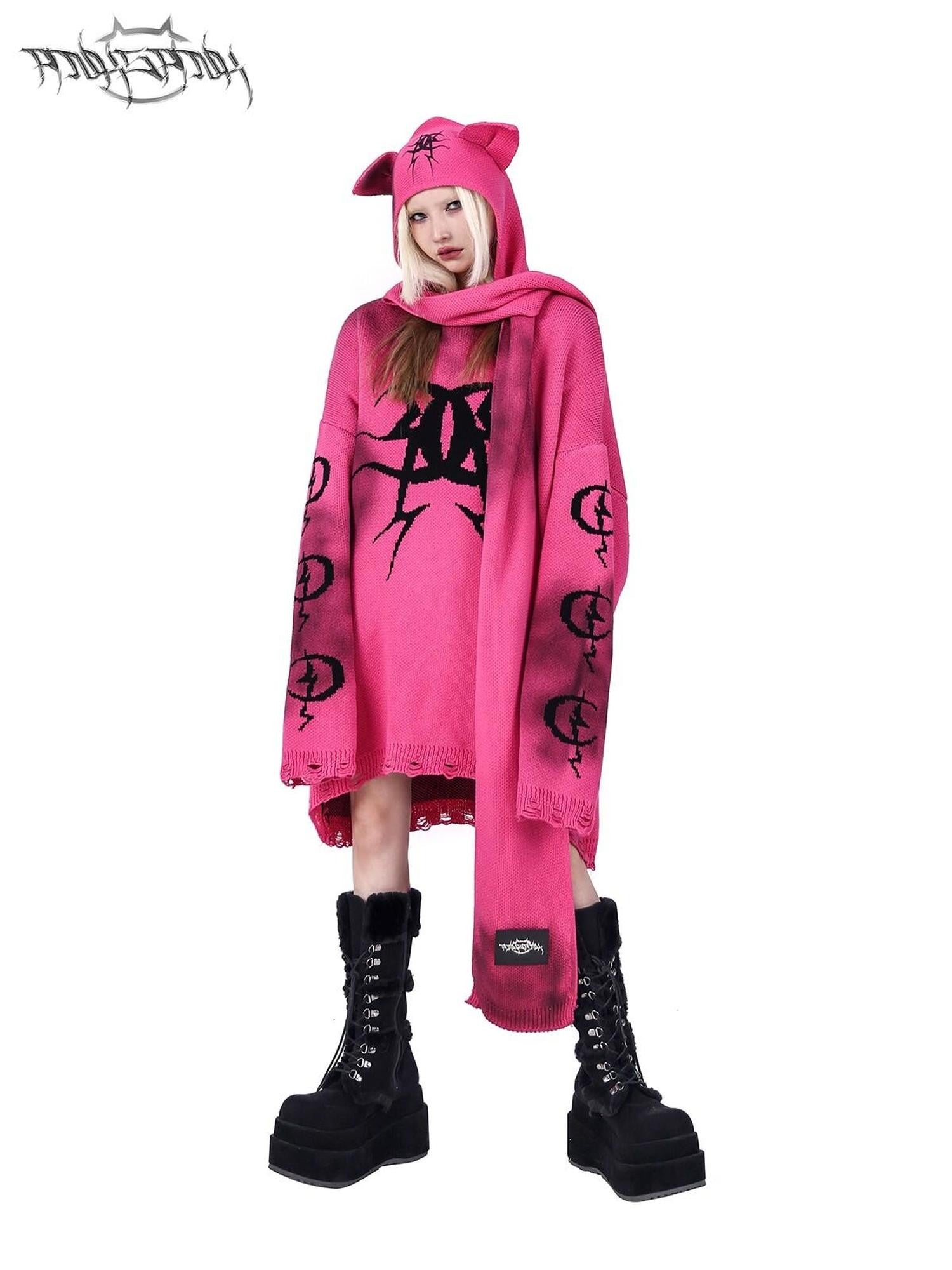 PINKSPINK Graffiti Colorblock Loose Street Women's Acrylic Blend Pullover Sweaters
