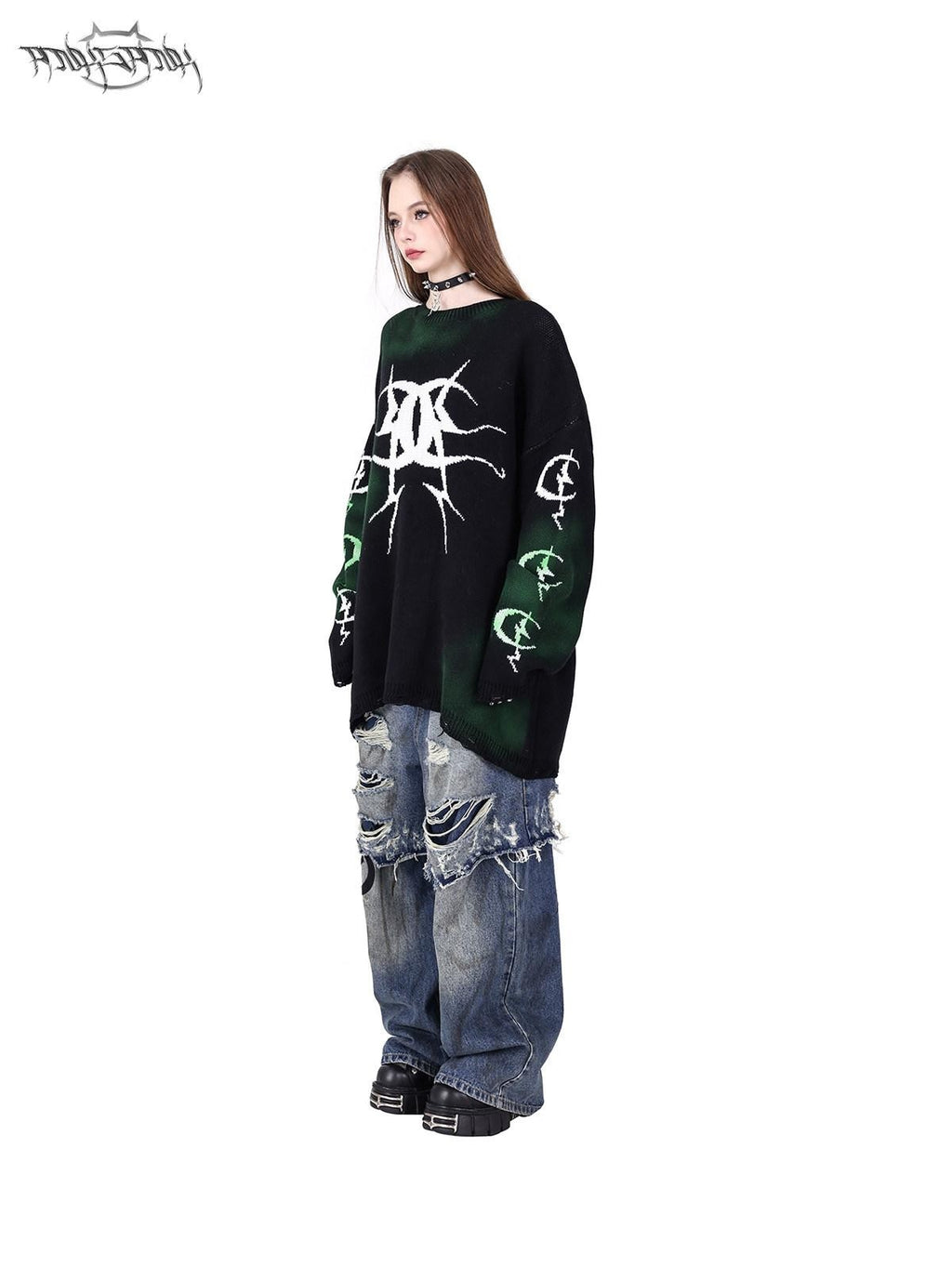 PINKSPINK Graffiti Colorblock Loose Street Women's Acrylic Blend Pullover Sweaters