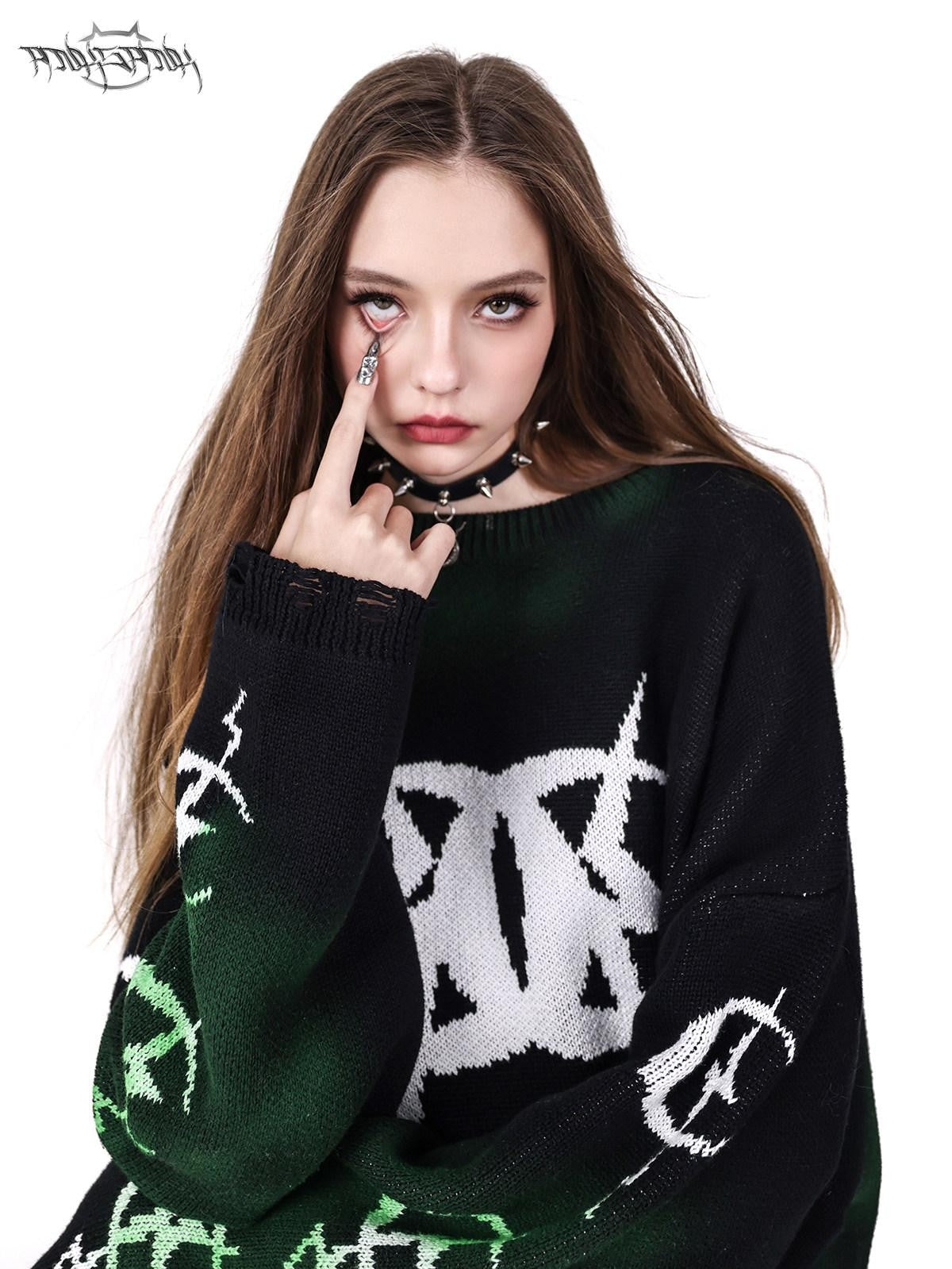 PINKSPINK Graffiti Colorblock Loose Street Women's Acrylic Blend Pullover Sweaters