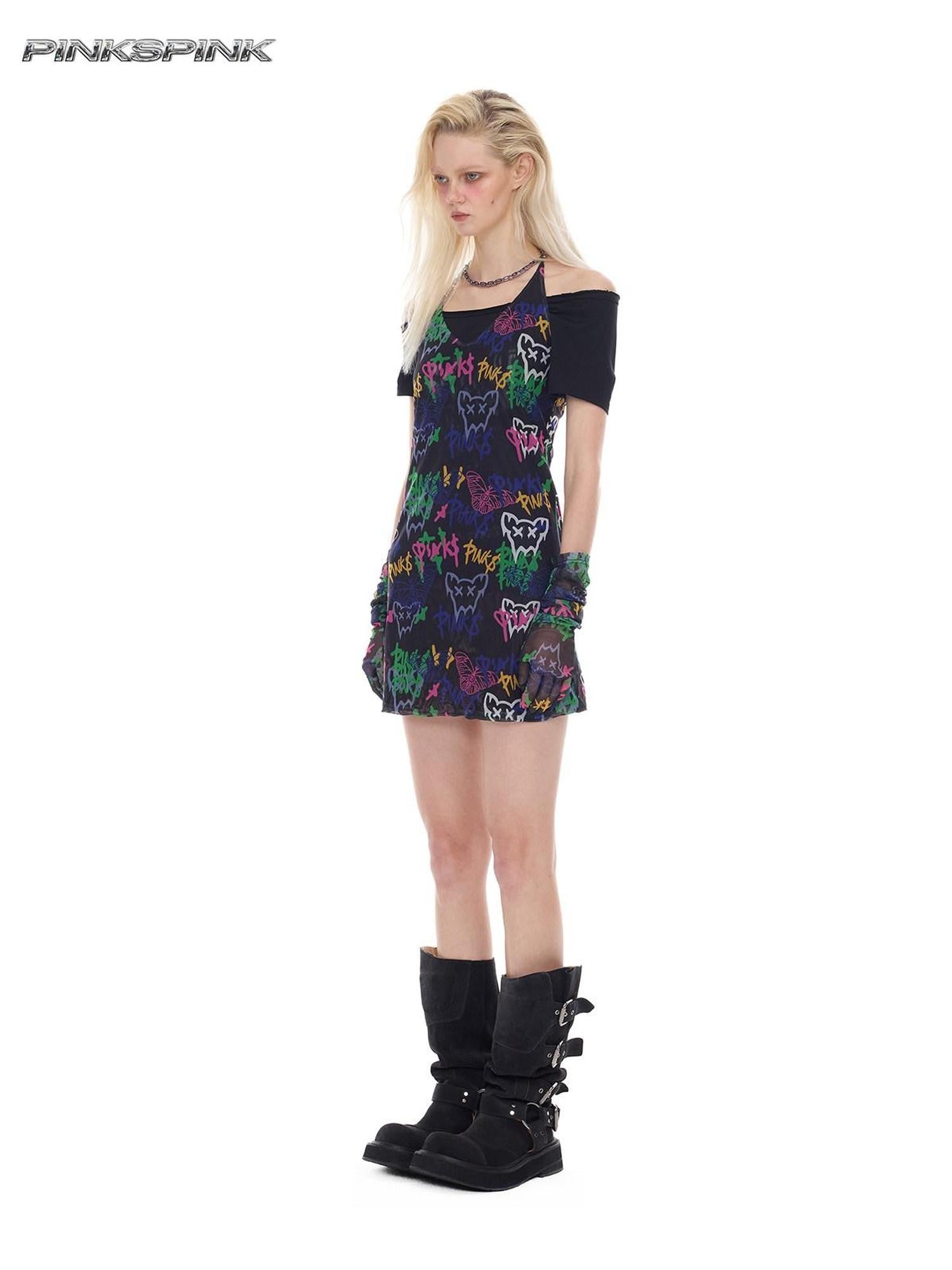 PINKSPINK Graffiti Print Chain Necklace Punk Y2k Women's Polyester Halter Mini Dresses