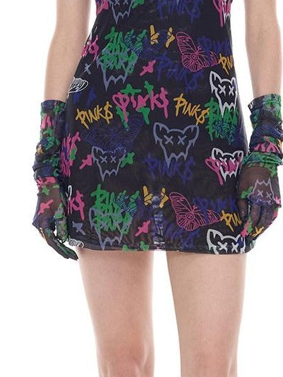 PINKSPINK Graffiti Print Chain Necklace Punk Y2k Women's Polyester Halter Mini Dresses