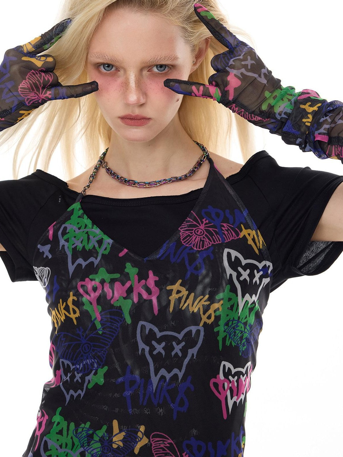 PINKSPINK Graffiti Print Chain Necklace Punk Y2k Women's Polyester Halter Mini Dresses