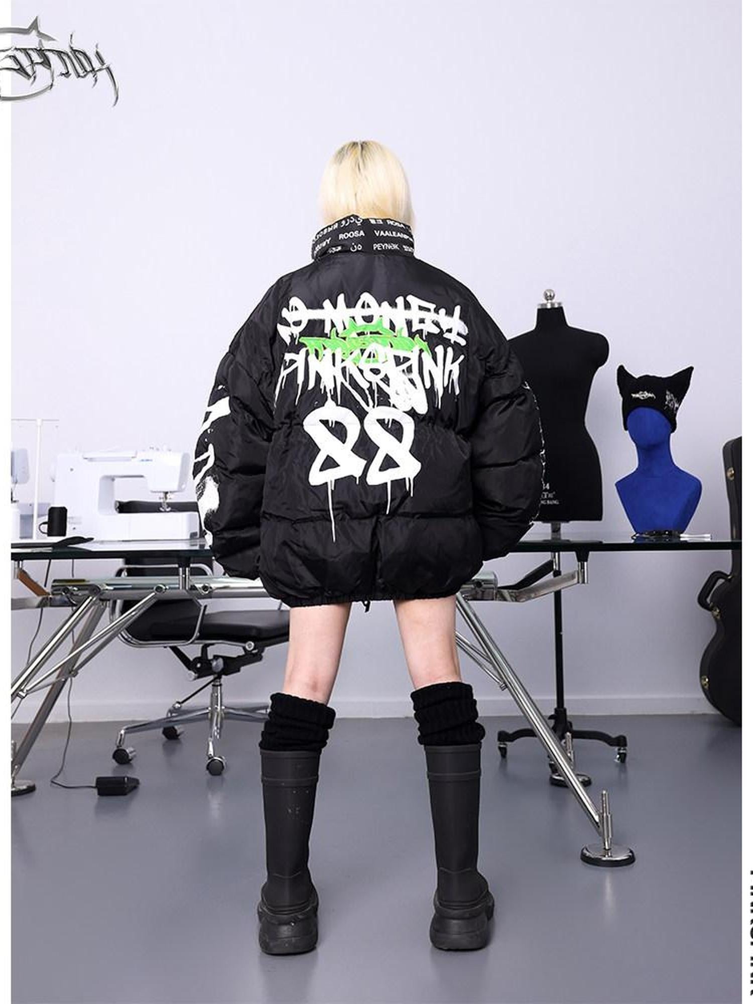 PINKSPINK Graffiti Spray Painted Loose Fit Women's Cotton Filled Puffer Jackets