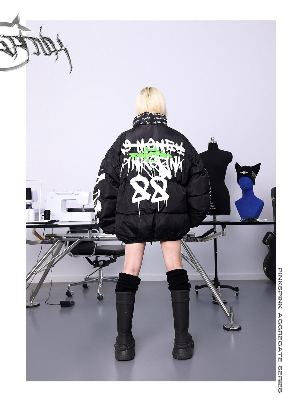 PINKSPINK Graffiti Spray Painted Loose Fit Women's Cotton Filled Puffer Jackets
