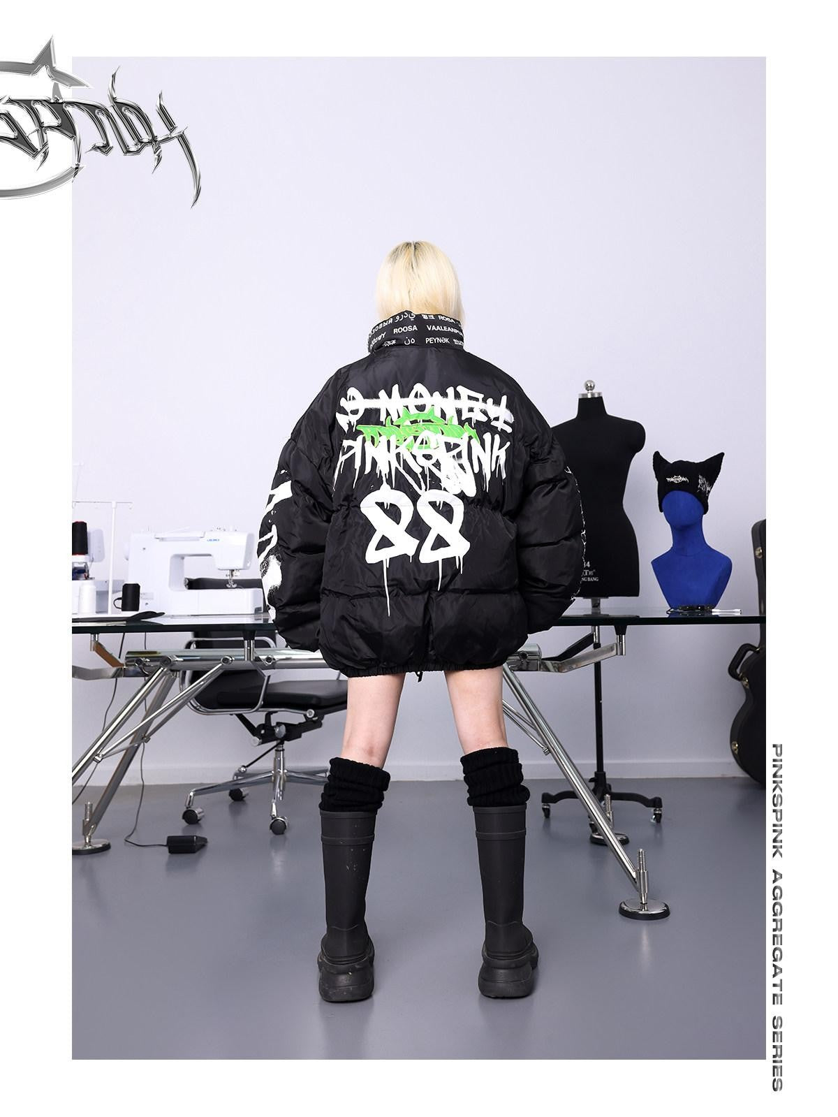 PINKSPINK Graffiti Spray Painted Loose Fit Women's Cotton Filled Puffer Jackets
