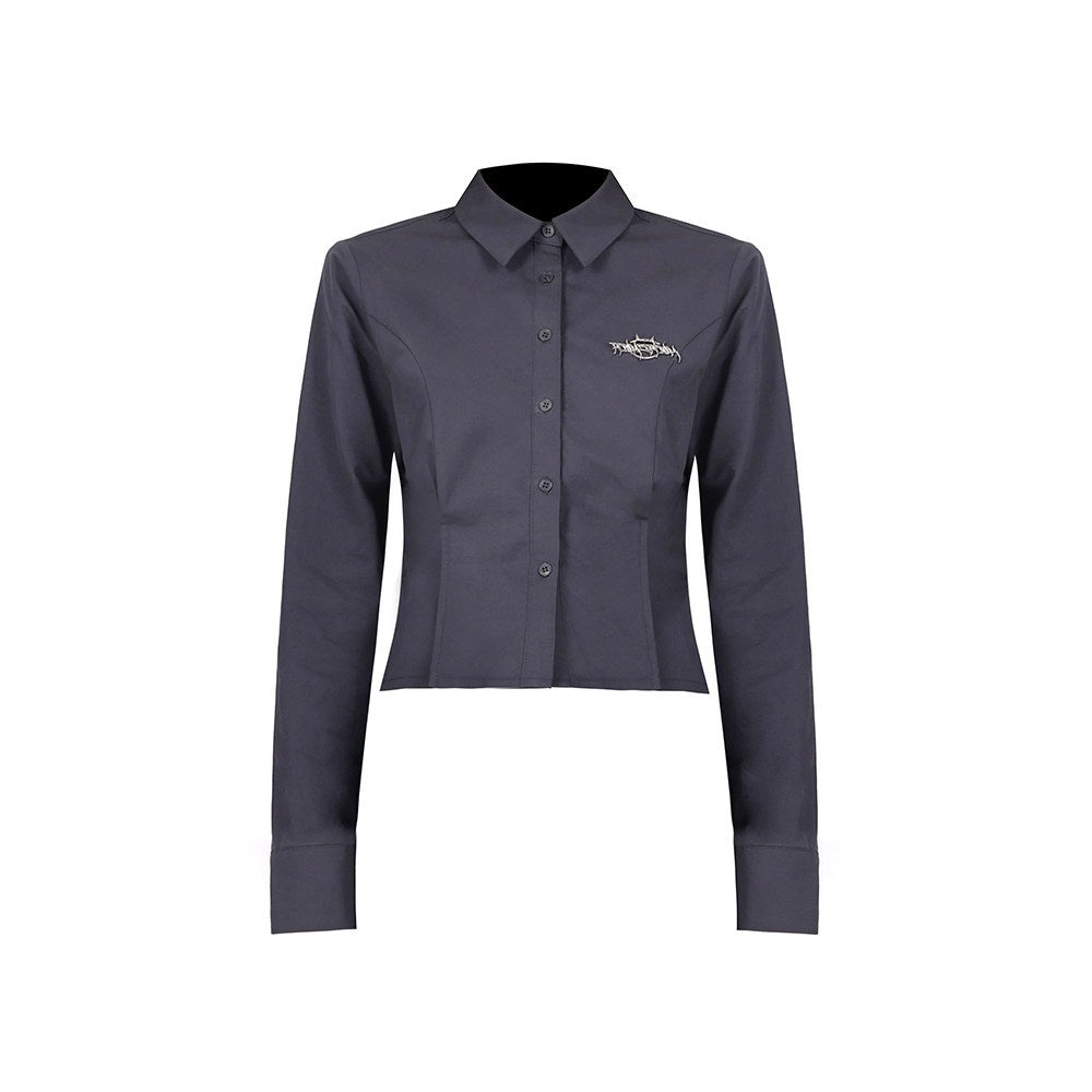 PINKSPINK_Gray_Asymmetric_Patchwork_Polo_Collar_Button_Slim_Women's_Cotton_Cropped_Shirts_770525665636_MISSTT