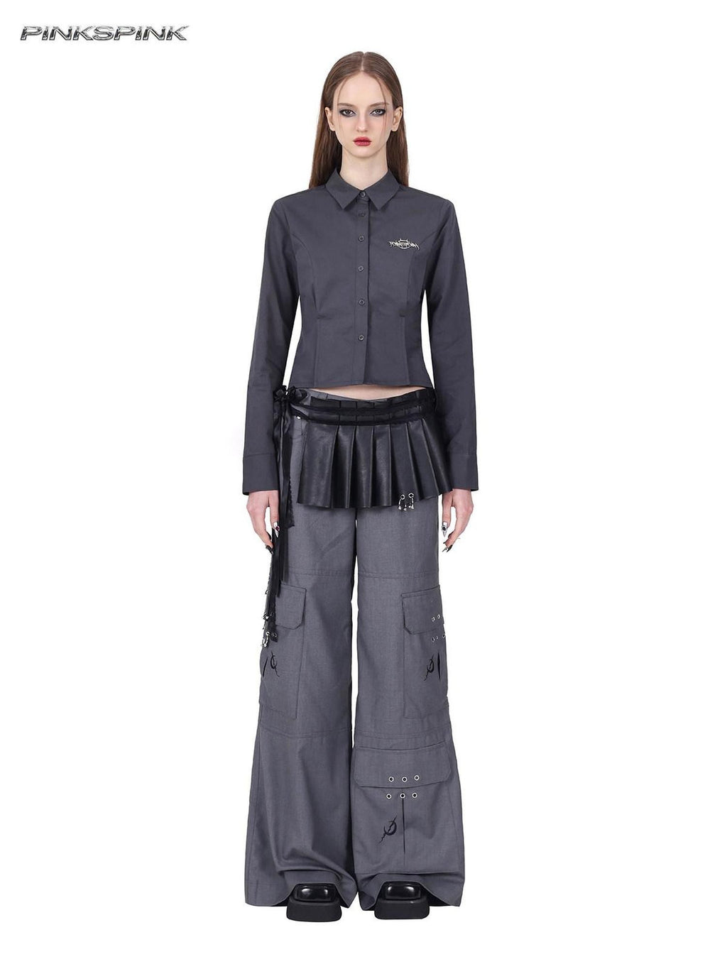 PINKSPINK Gray Asymmetric Patchwork Polo Collar Button Slim Women's Cotton Cropped Shirts