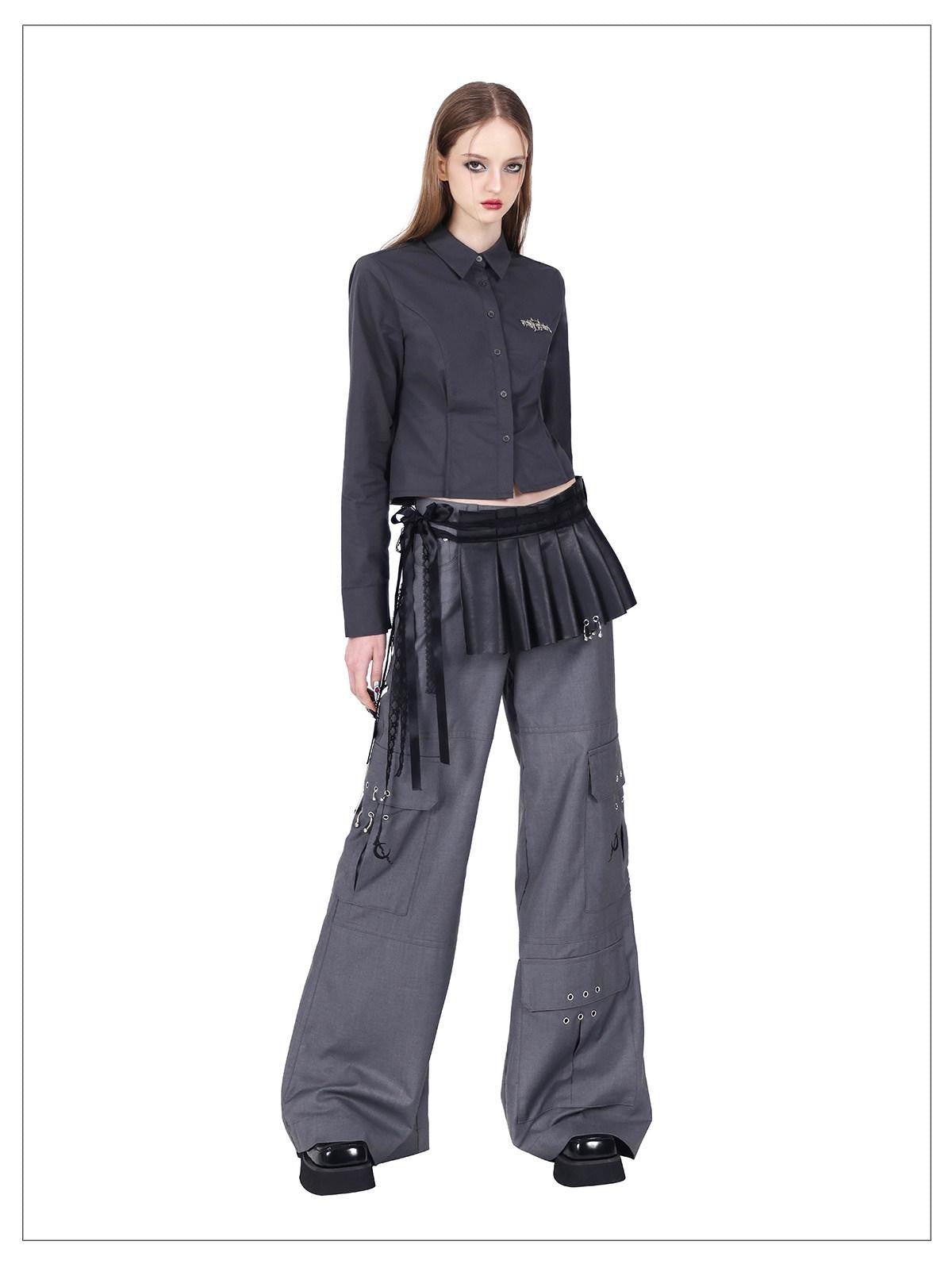 PINKSPINK Gray Asymmetric Patchwork Polo Collar Button Slim Women's Cotton Cropped Shirts