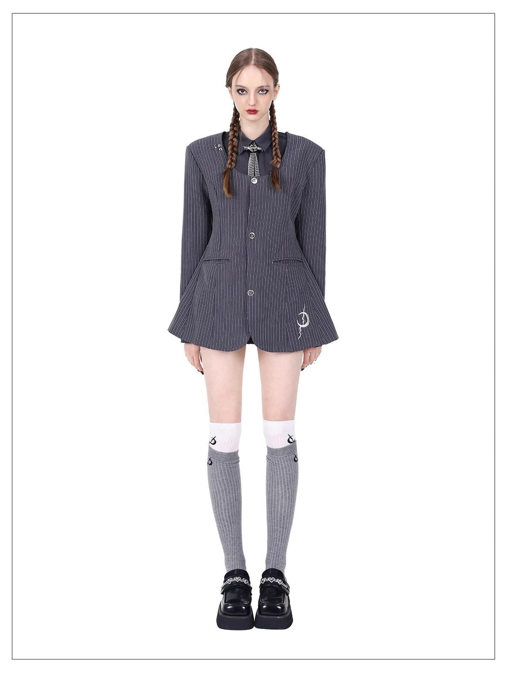 PINKSPINK Gray Asymmetric Patchwork Polo Collar Button Slim Women's Cotton Cropped Shirts
