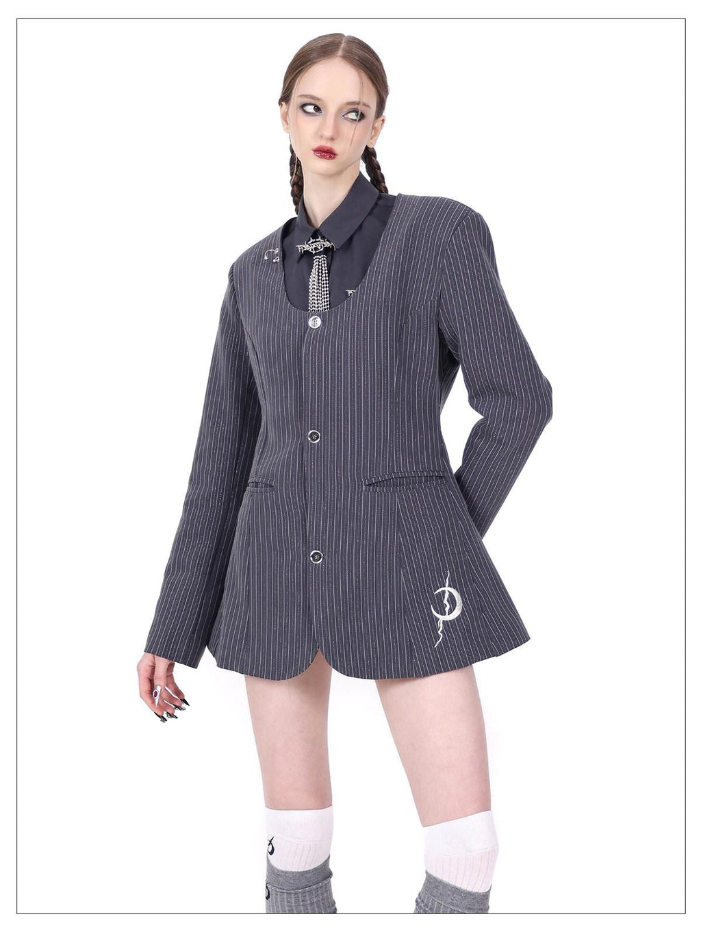 PINKSPINK Gray Asymmetric Patchwork Polo Collar Button Slim Women's Cotton Cropped Shirts