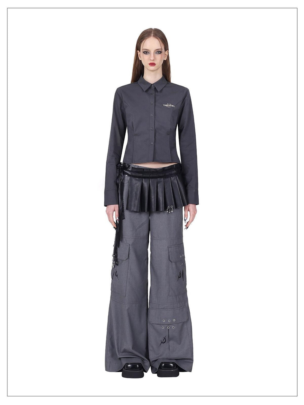 PINKSPINK Gray Asymmetric Patchwork Polo Collar Button Slim Women's Cotton Cropped Shirts