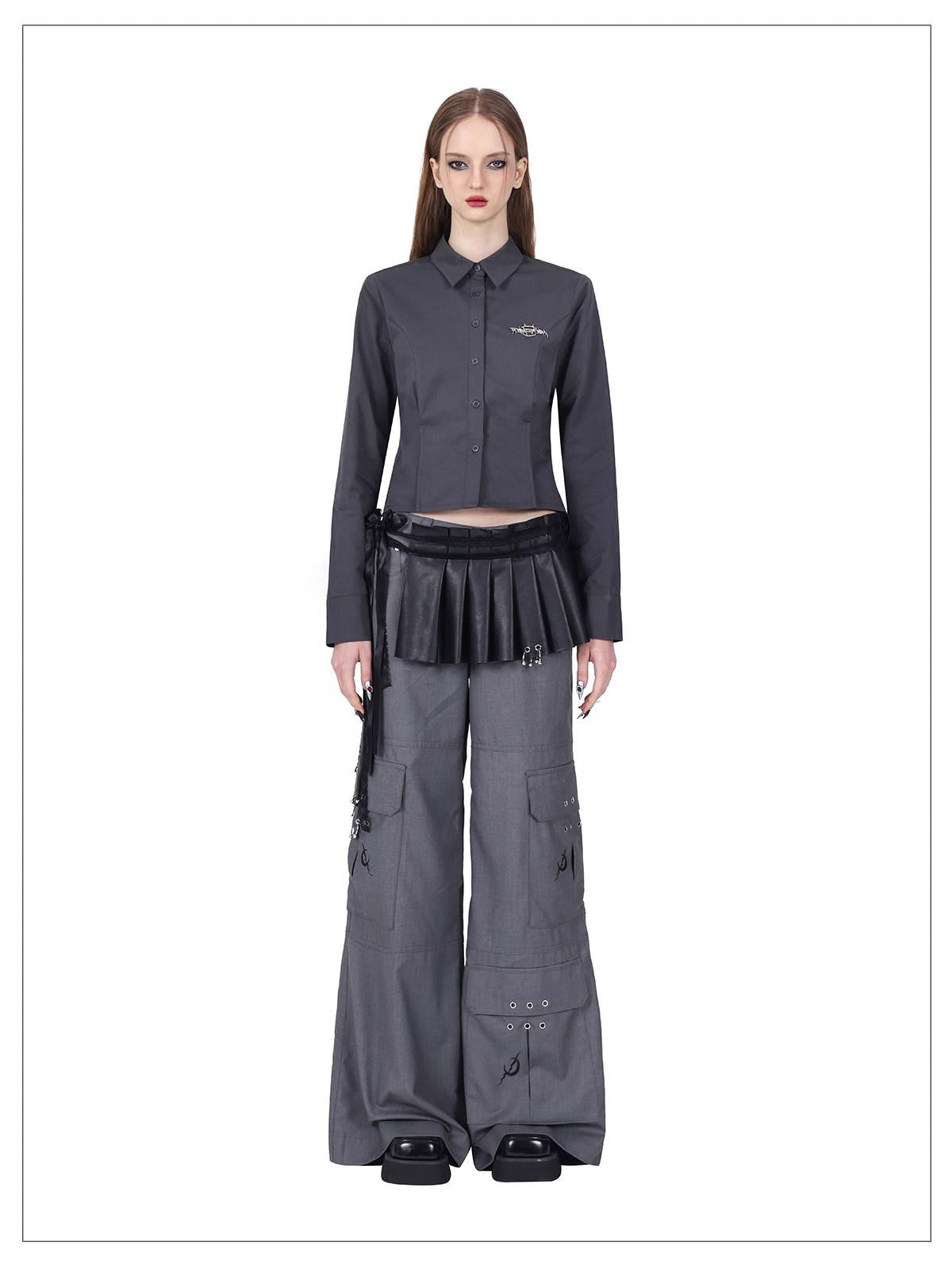 PINKSPINK Gray Asymmetric Patchwork Polo Collar Button Slim Women's Cotton Cropped Shirts