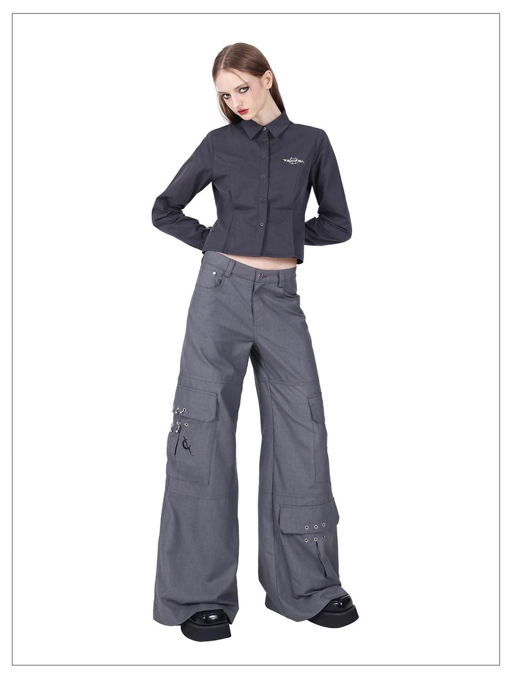 PINKSPINK Gray Asymmetric Patchwork Polo Collar Button Slim Women's Cotton Cropped Shirts