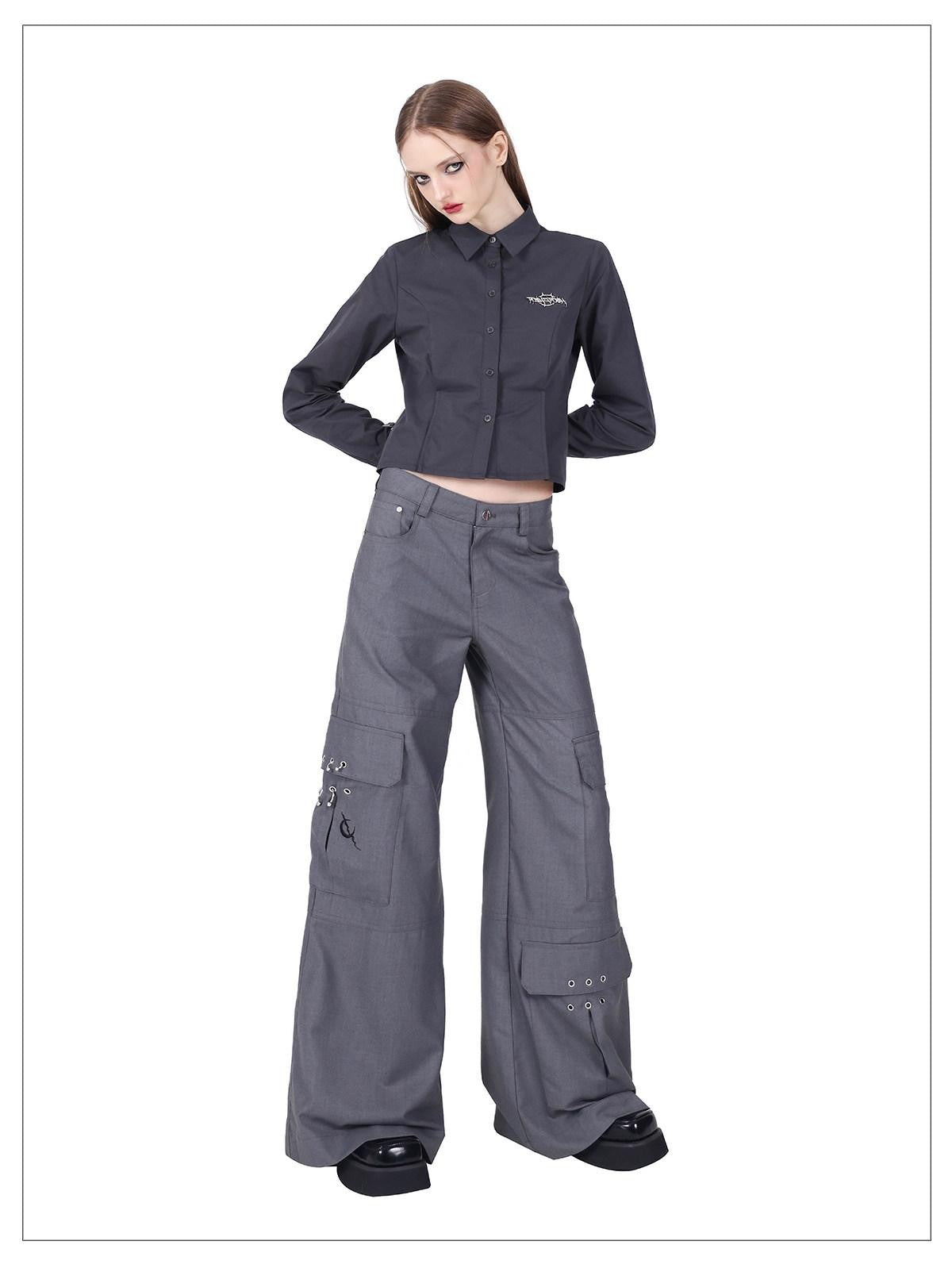 PINKSPINK Gray Asymmetric Patchwork Polo Collar Button Slim Women's Cotton Cropped Shirts