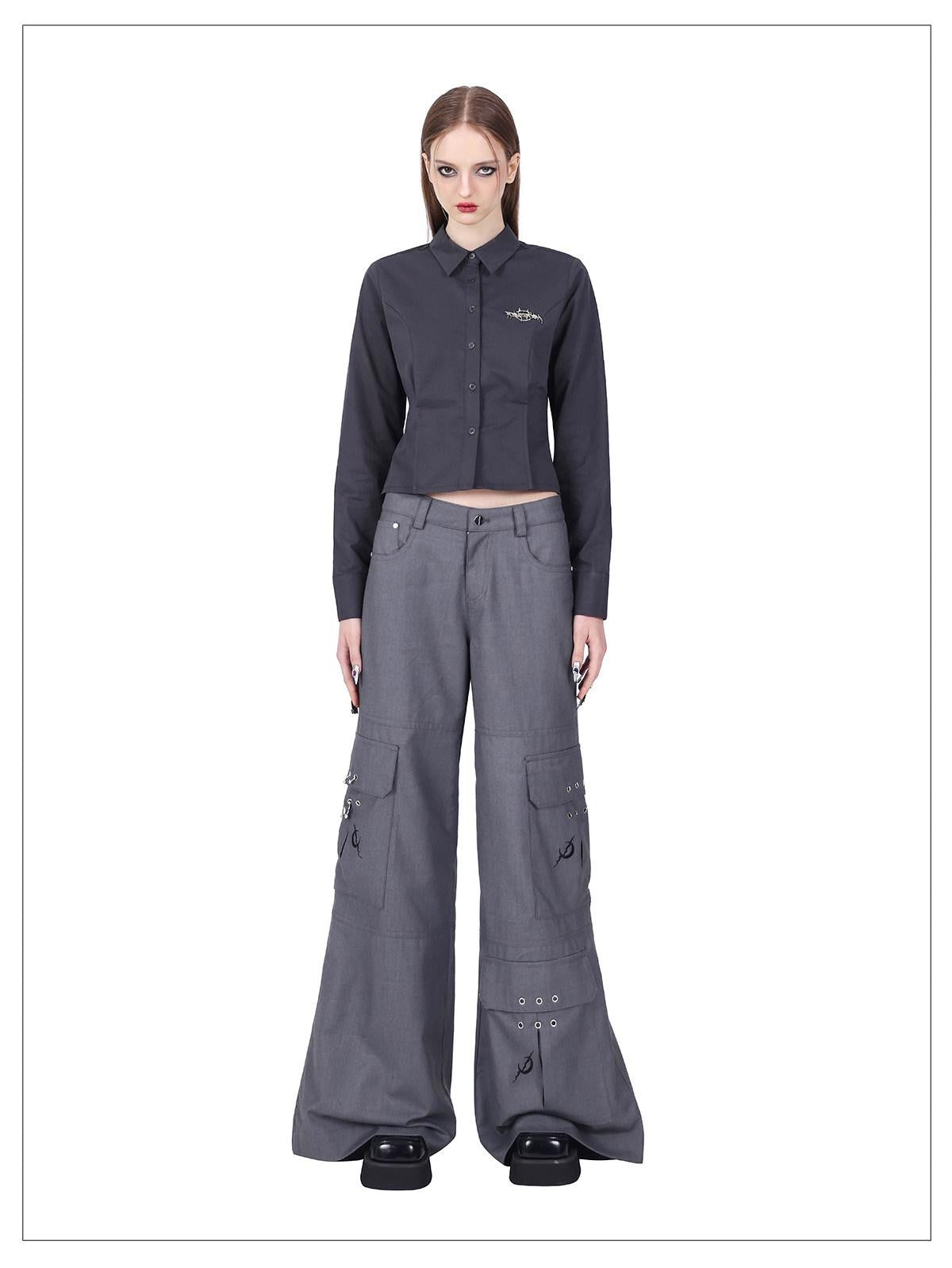 PINKSPINK Gray Asymmetric Patchwork Polo Collar Button Slim Women's Cotton Cropped Shirts