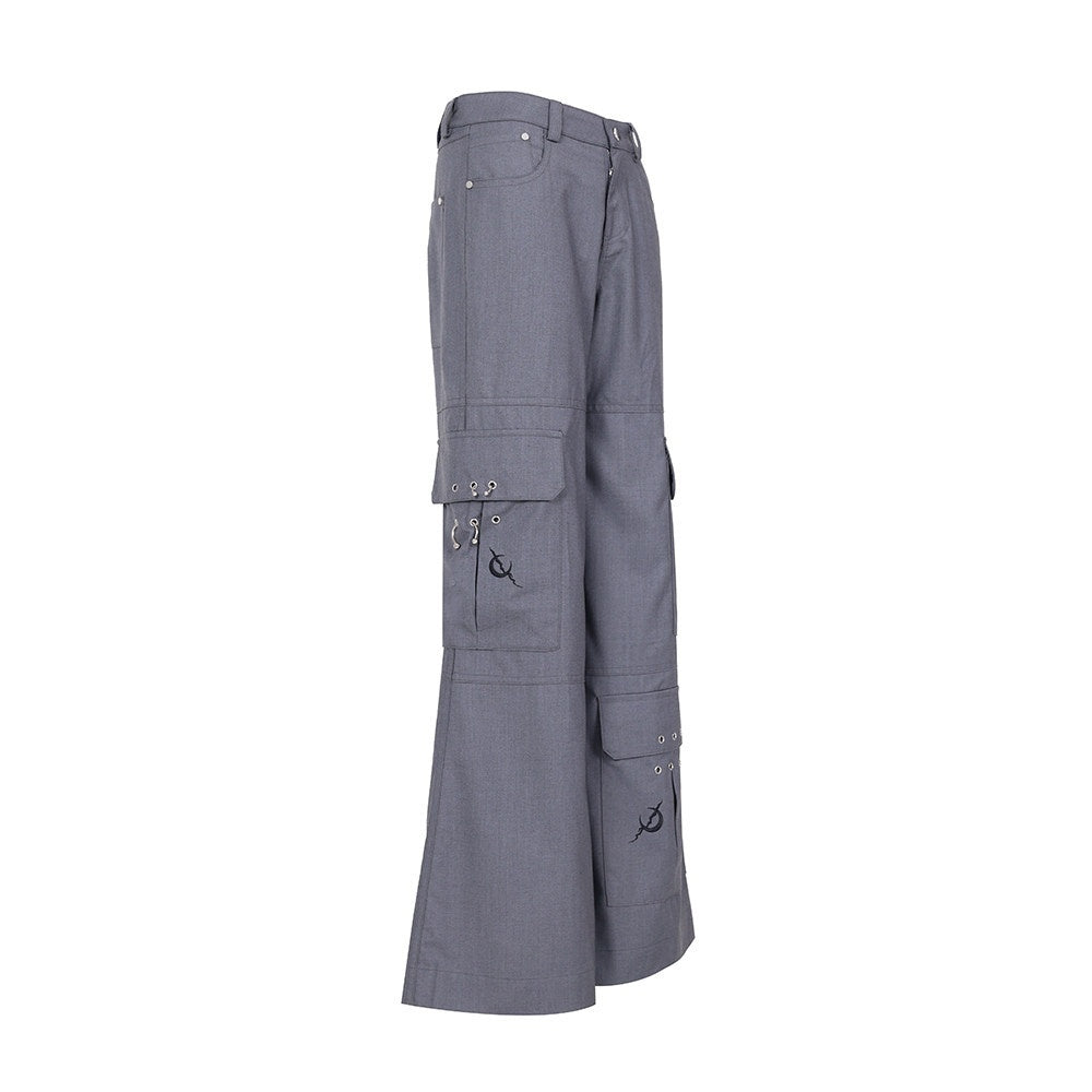 PINKSPINK_Gray_Embroidered_Multi_Pocket_Ring_Wide_Leg_Women's_Polyester_Tailored_Pants_770538281019_MISSTT