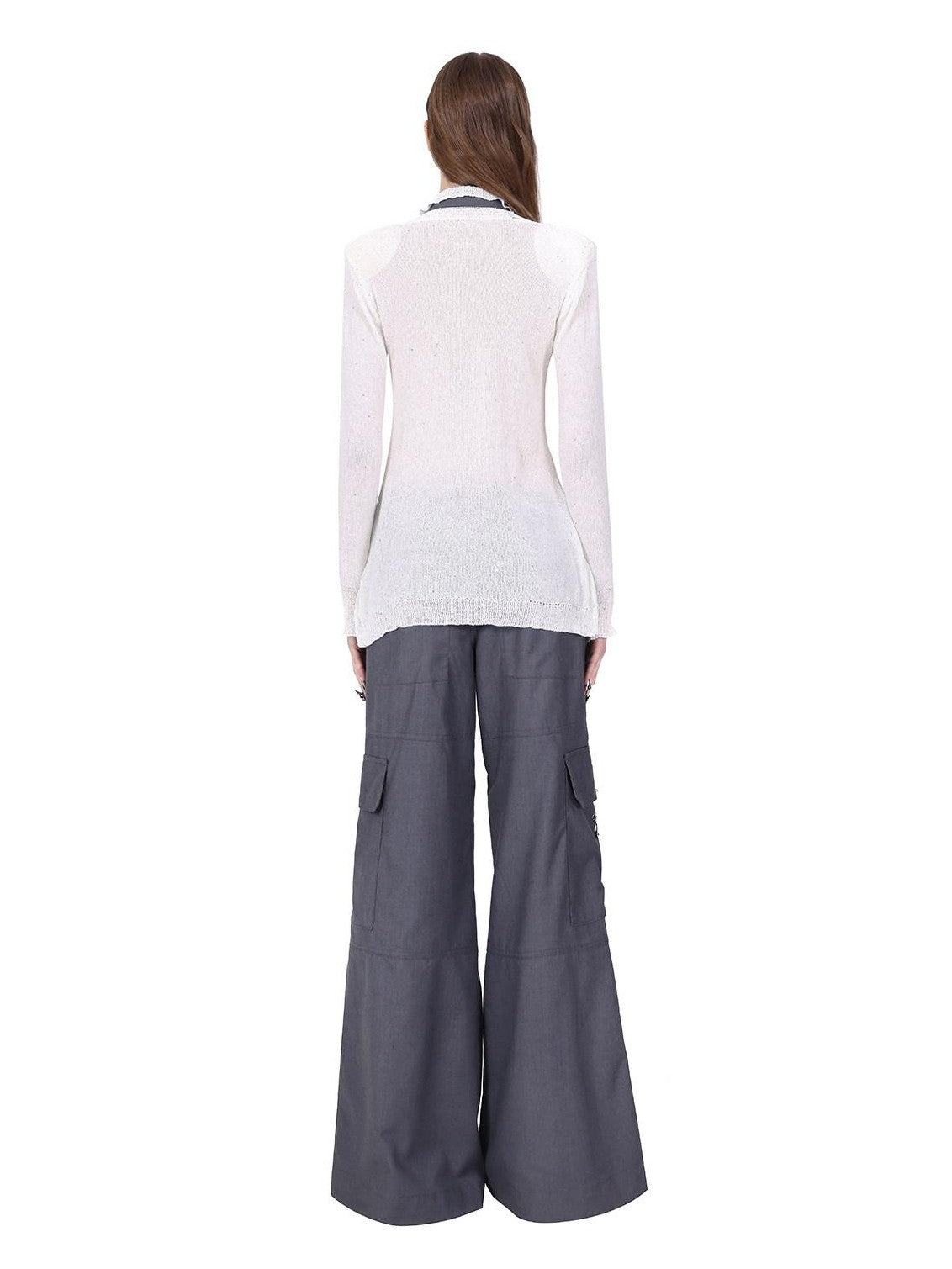 PINKSPINK Gray Embroidered Multi Pocket Ring Wide Leg Women's Polyester Tailored Pants