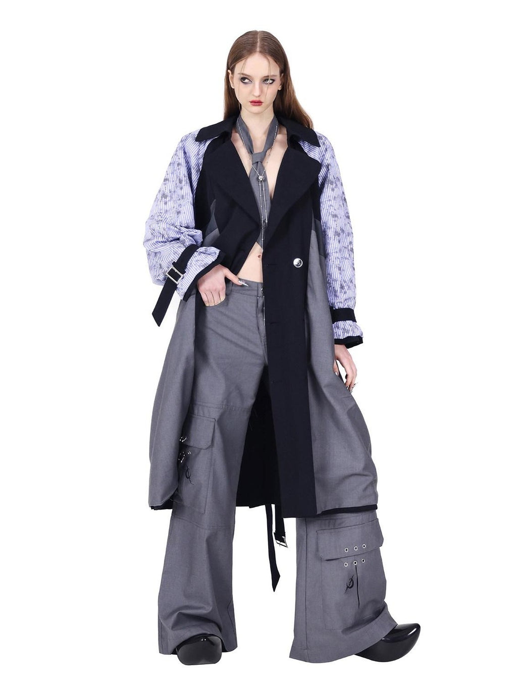 PINKSPINK Gray Embroidered Multi Pocket Ring Wide Leg Women's Polyester Tailored Pants