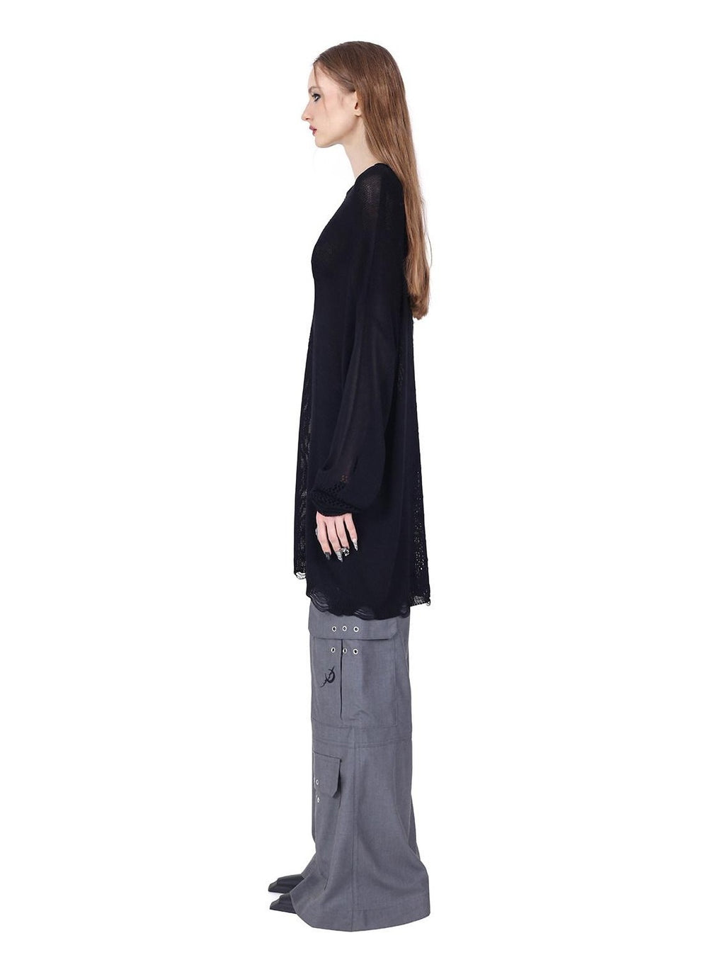 PINKSPINK Gray Embroidered Multi Pocket Ring Wide Leg Women's Polyester Tailored Pants