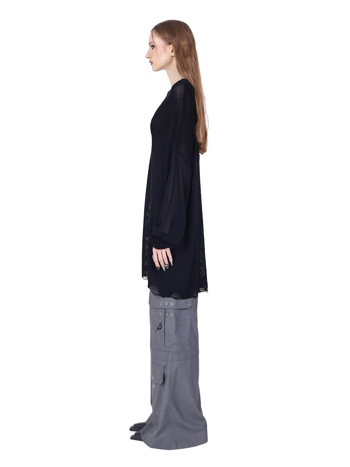 PINKSPINK Gray Embroidered Multi Pocket Ring Wide Leg Women's Polyester Tailored Pants