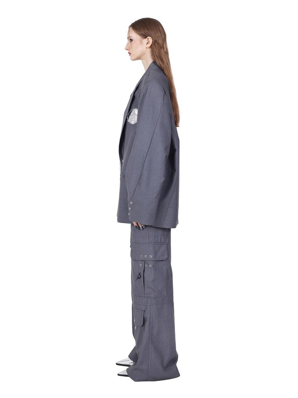 PINKSPINK Gray Embroidered Multi Pocket Ring Wide Leg Women's Polyester Tailored Pants