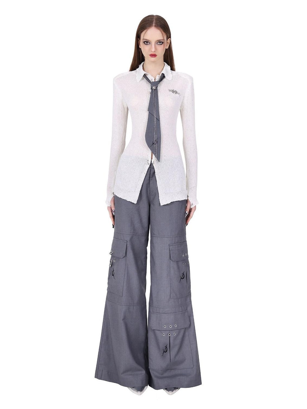 PINKSPINK Gray Embroidered Multi Pocket Ring Wide Leg Women's Polyester Tailored Pants