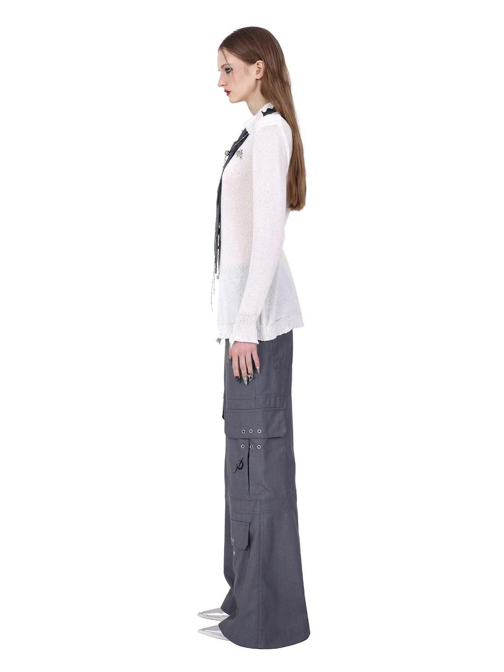 PINKSPINK Gray Embroidered Multi Pocket Ring Wide Leg Women's Polyester Tailored Pants