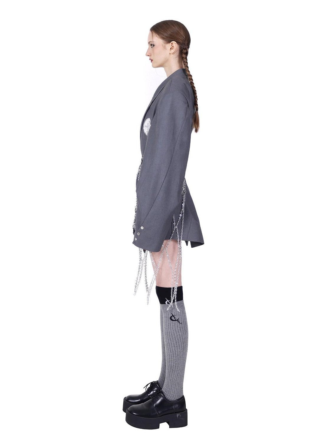 PINKSPINK Gray Structured Perforated Ringed Embroidered Women's Polyester Blazers