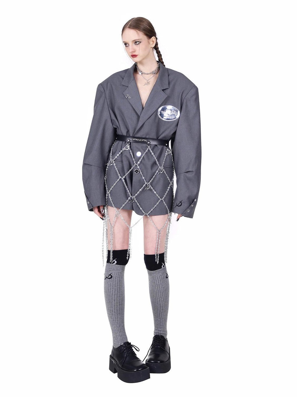 PINKSPINK Gray Structured Perforated Ringed Embroidered Women's Polyester Blazers