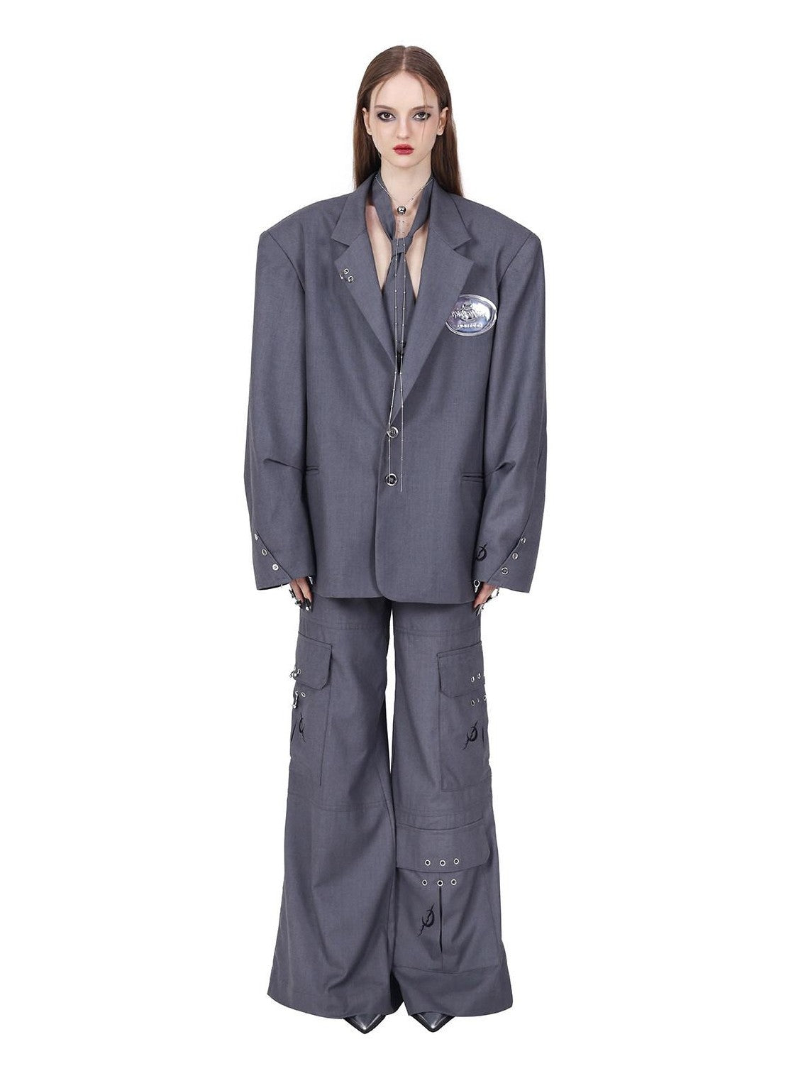 PINKSPINK Gray Structured Perforated Ringed Embroidered Women's Polyester Blazers