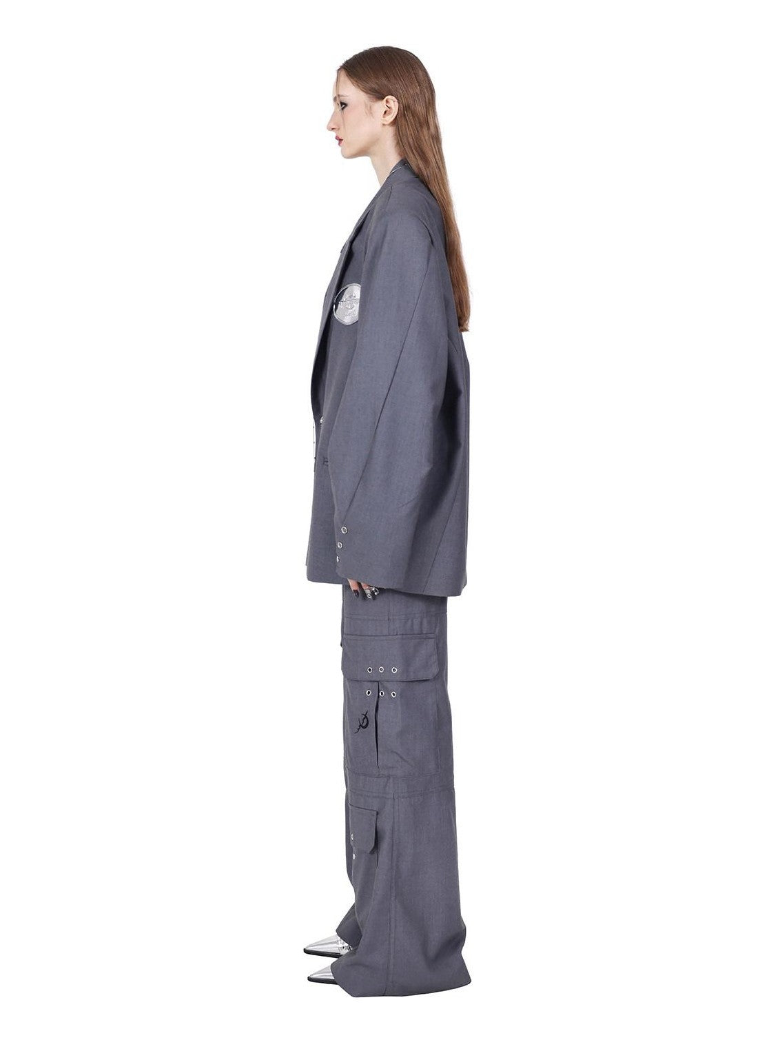 PINKSPINK Gray Structured Perforated Ringed Embroidered Women's Polyester Blazers